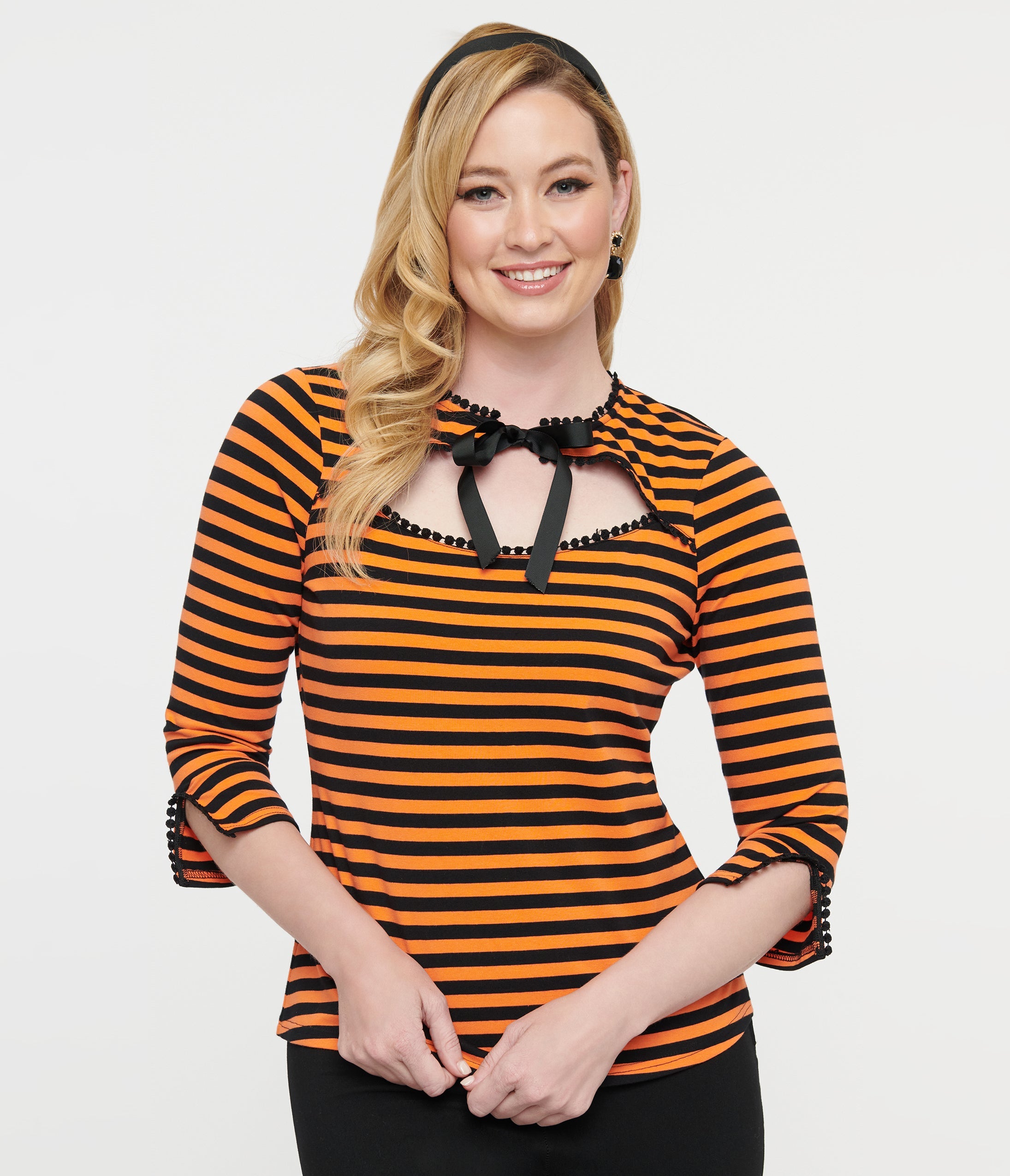 Vintage 1950s Orange & Black Striped Cutout Neck Tie Top | Retro 50s Rockabilly Style Blouse | Perfect for Pin-Up Fashion, Halloween Costumes & Vintage-Themed Parties