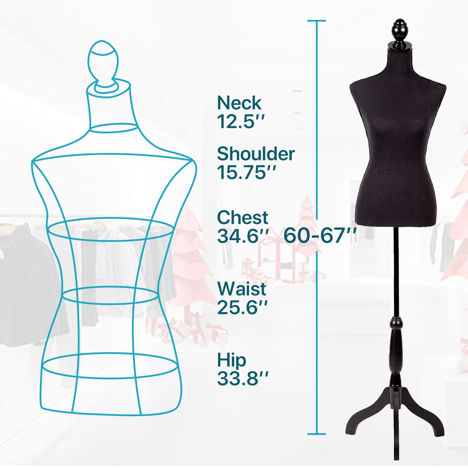 Adjustable Female Dress Form Mannequin Torso 60”-67” with Tripod Stand - Black Sewing Manikin for Clothing Design, Jewelry Display & Boutique Visual Merchandising - Perfect for Fashion Designers, Tailors & Retail Store Displays