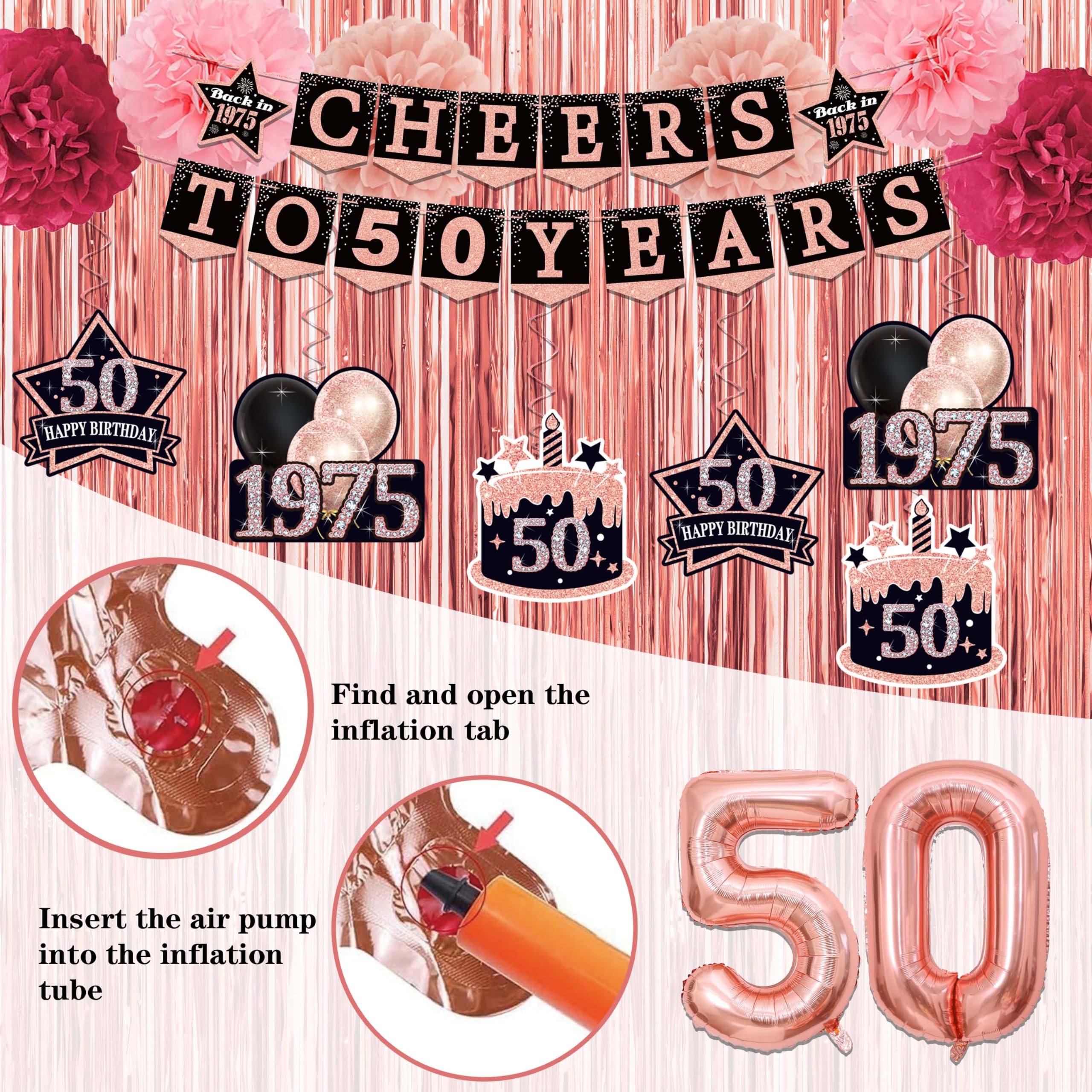 50th Birthday Party Decorations for Women - Black Rose Gold Cheers to 50 Years Banner, Happy 50th Birthday Backdrop, 1995 Hanging Swirls, Paper Pom Poms & Honeycomb Centerpiece - Perfect for Milestone Celebrations, Photo Booths & Special Occasions