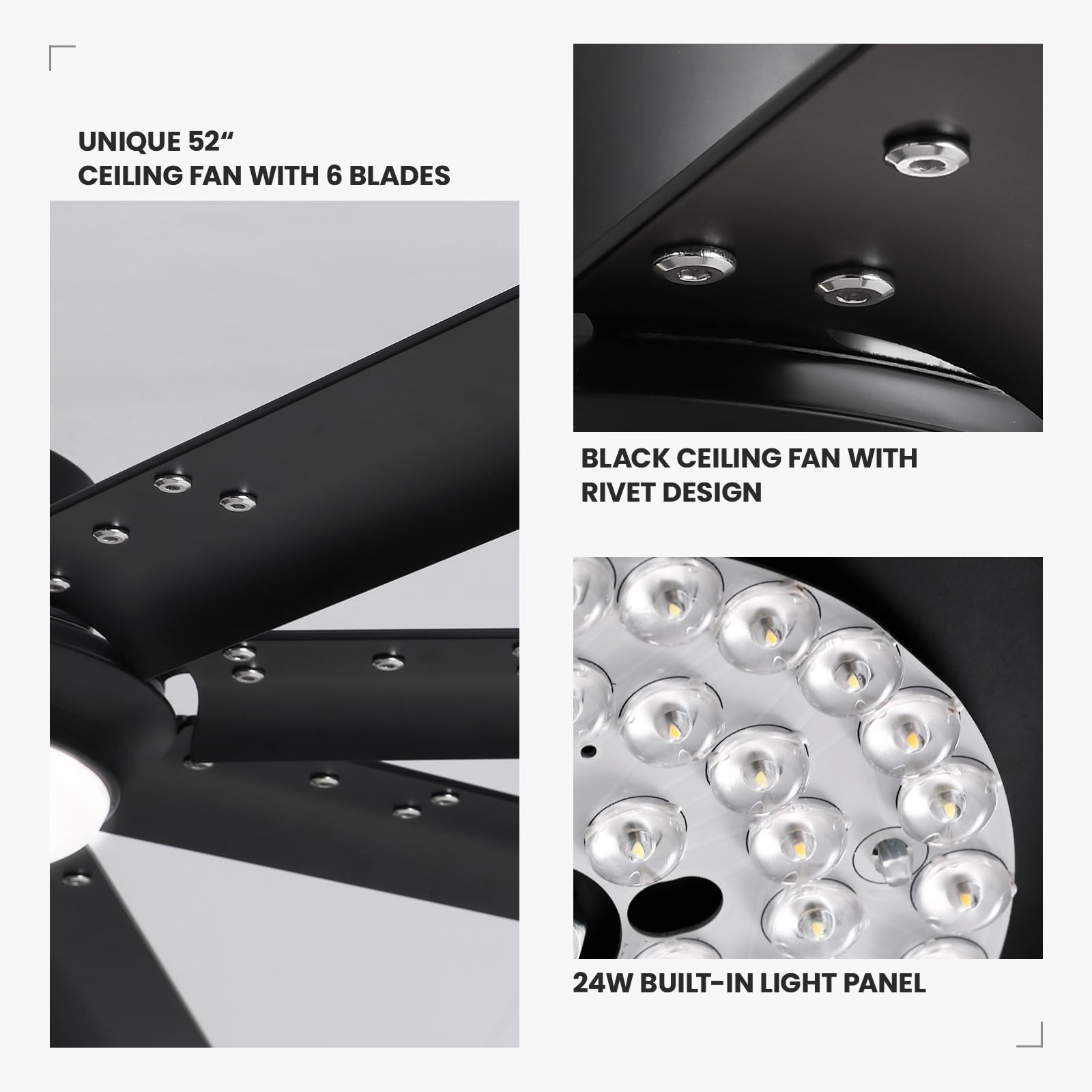 CROSSIO 52 Inch Black Industrial Ceiling Fan with Lights - Remote Control, Dimmable LED, Reversible 6-Speed Silent Motor - Aluminum Fandelier for Living Room, Bedroom, Dining Room & Outdoor Patio | Perfect for Home Cooling and Stylish Lighting Decor