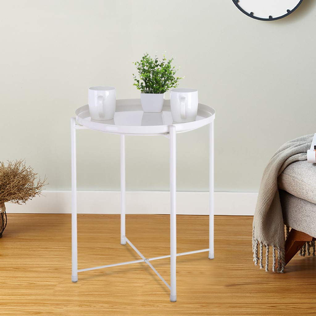 Amober Metal Tray End Table - Small Round Side Table for Sofa, Rust-Resistant Coffee Table - Perfect for Living Room, Bedroom & Patio Decor