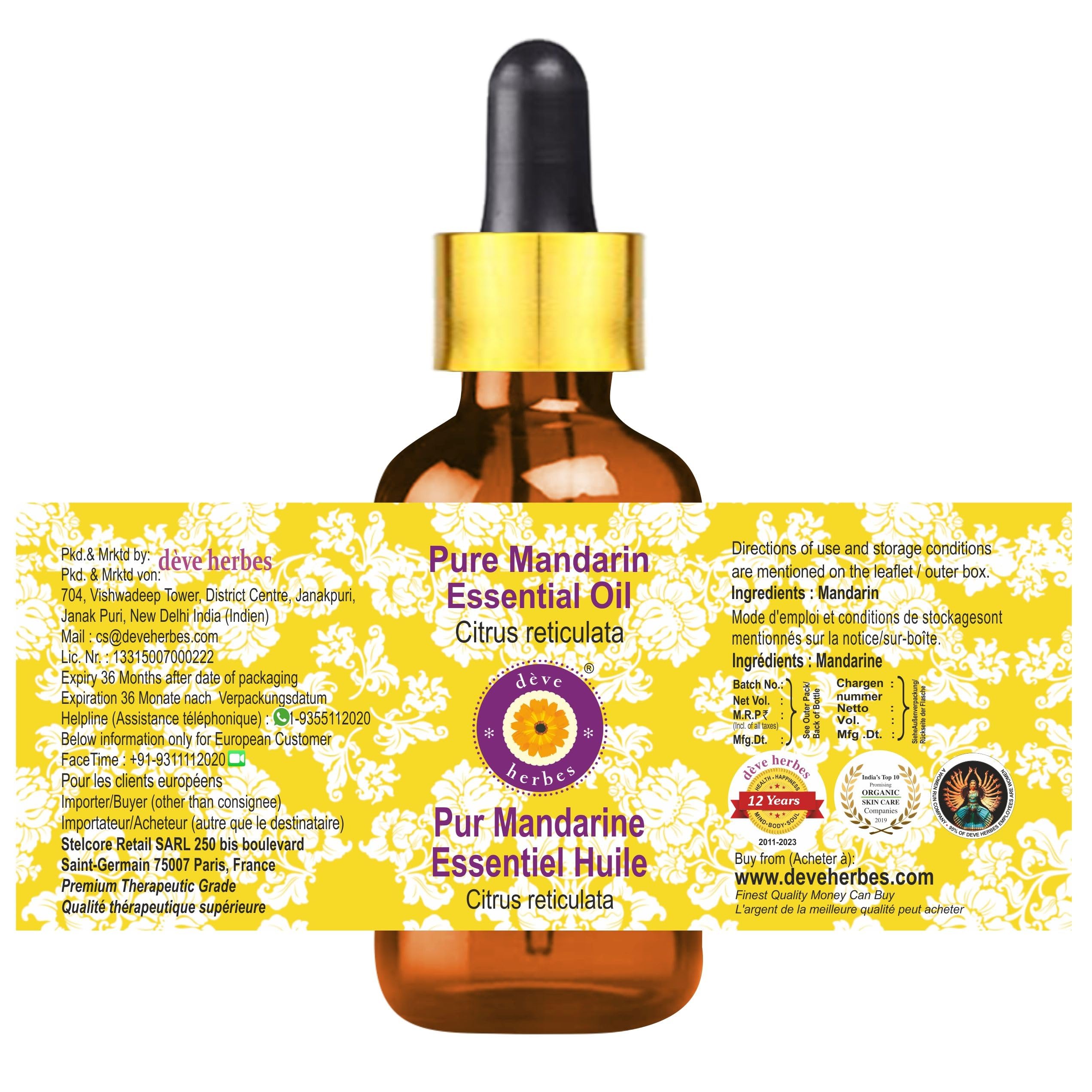 Pure Mandarin Essential Oil (Citrus reticulata) - 15ml Steam Distilled with Glass Dropper - 100% Natural Aromatherapy Oil for Relaxation, Stress Relief & Home Diffuser Use