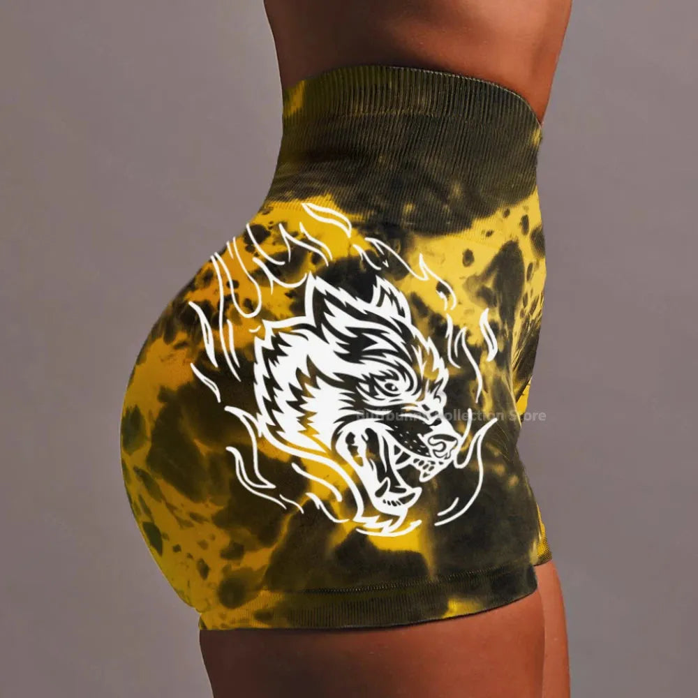 She Darc Wolf Tie Dye Scrunch Shorts for Women - Seamless Yoga Shorts, Breathable Workout Shorts with High Waist for Running, Gym & Summer Activities