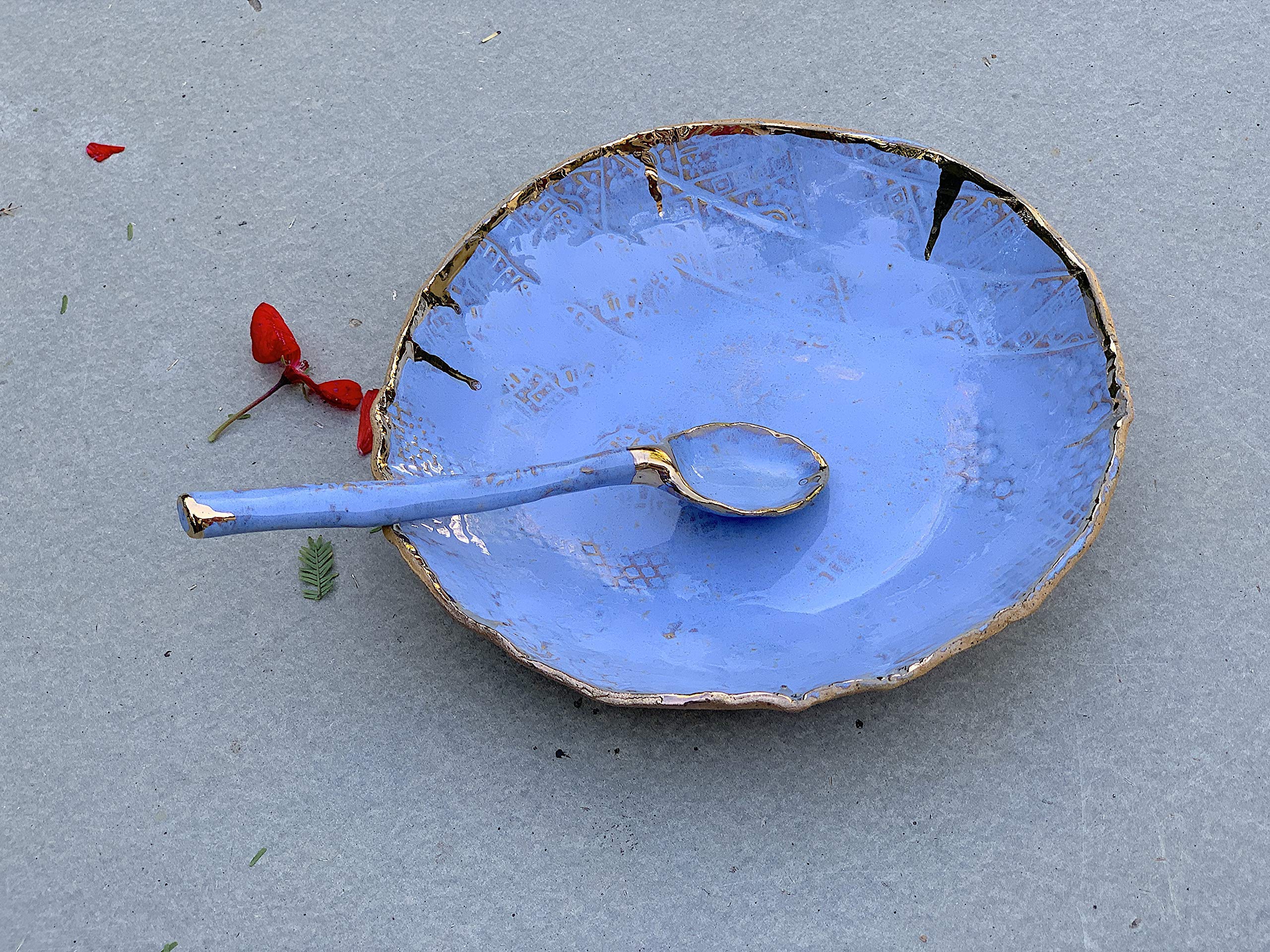 Handmade Ceramic Blue Gold and Brown Clay Bowl and Spoon Set - Artisan Kitchen Serving Dish for Soup, Salad, Dips, Cereal - Perfect for Dining, Gifts & Home Decor