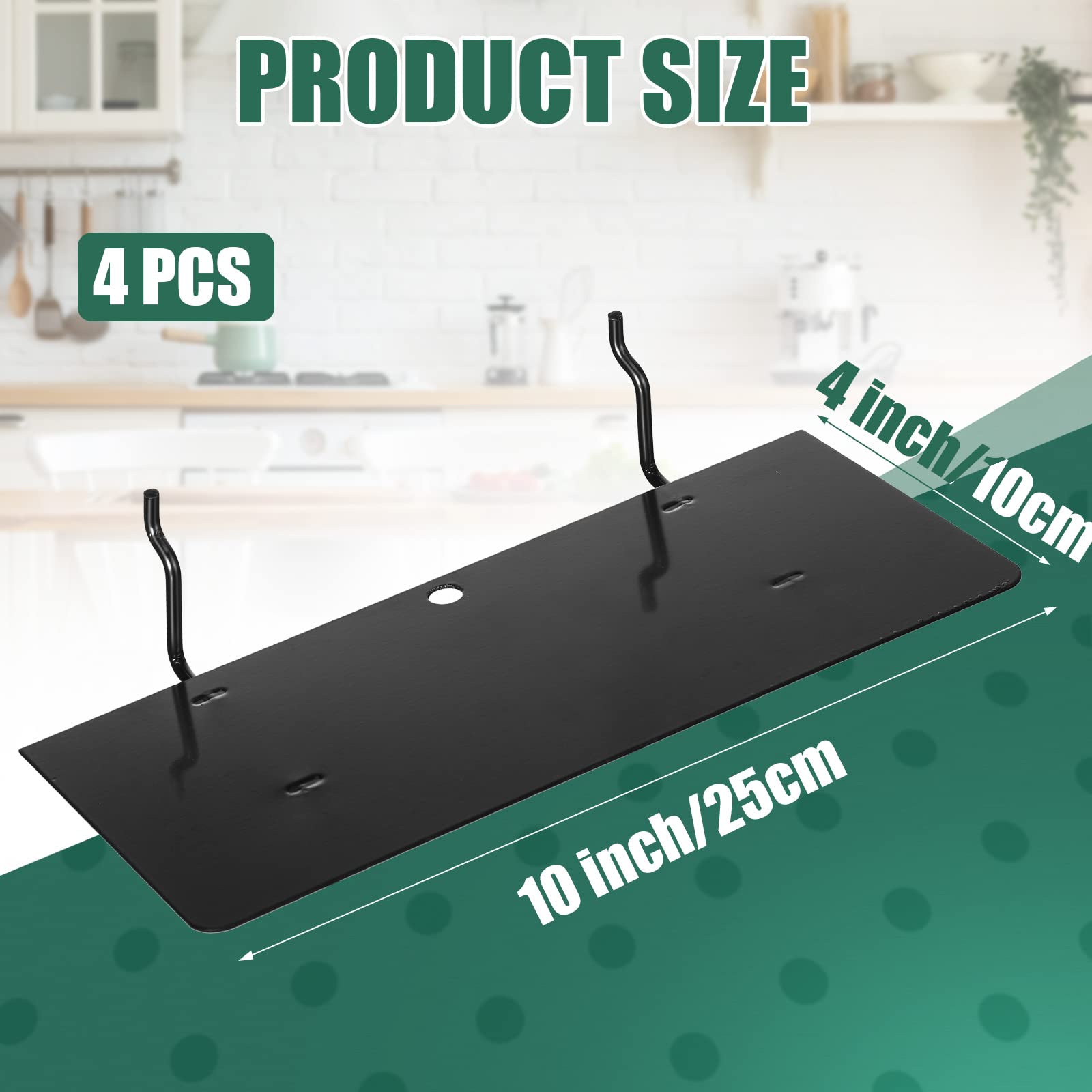 4 Pack Black Steel Pegboard Shelves & Brackets - 10 x 4 Inch Wall Organizer Trays for Craft Room, Garage, Kitchen, Nursery & Workbench - Durable Pegboard Accessories & Storage Solutions for Home Organization