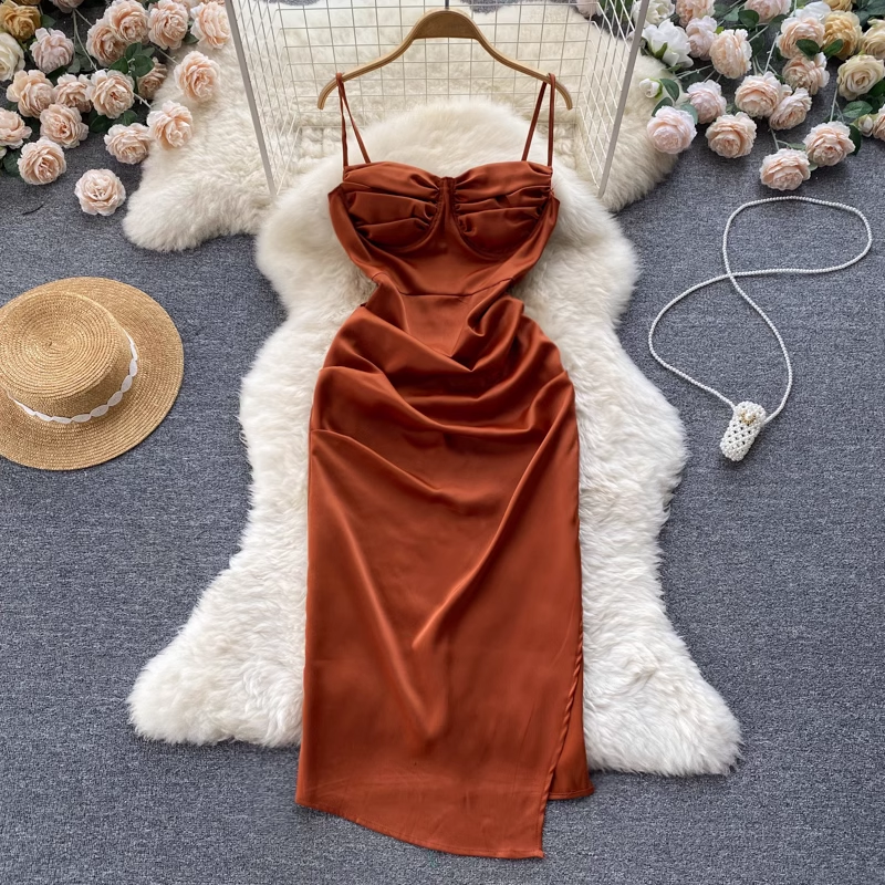 French Style Vintage Satin Spaghetti Strap Skirt Split Pleated Sexy Dress - Elegant Evening Gown for Parties, Dates & Special Occasions