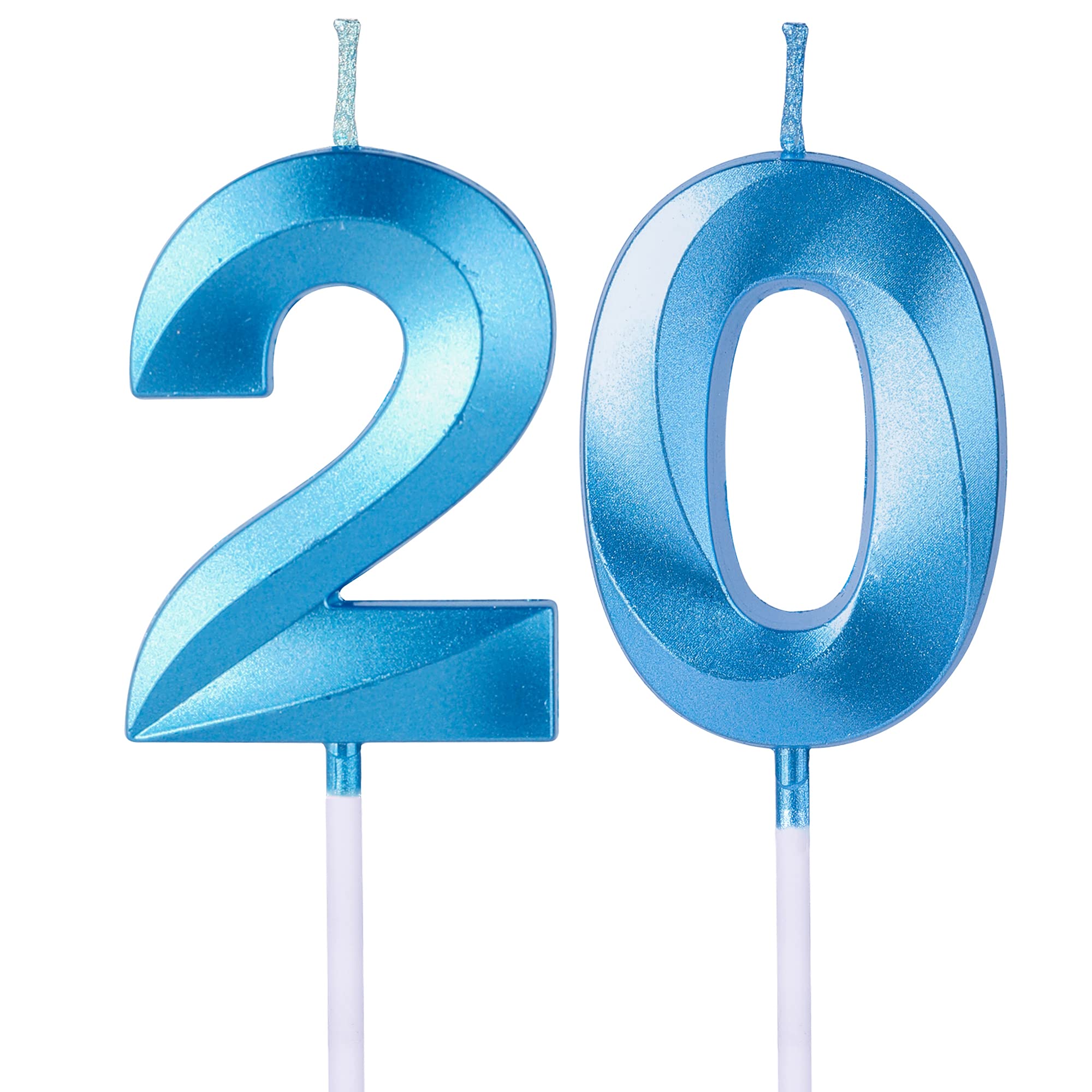 Blue Number 20 Glitter Birthday Candles for Cakes - Set of 2 Sparkling Cake Toppers for 20th Birthday Party, Anniversary & Wedding Celebrations - Perfect for Milestone Birthday Decorations and Special Occasion Cakes