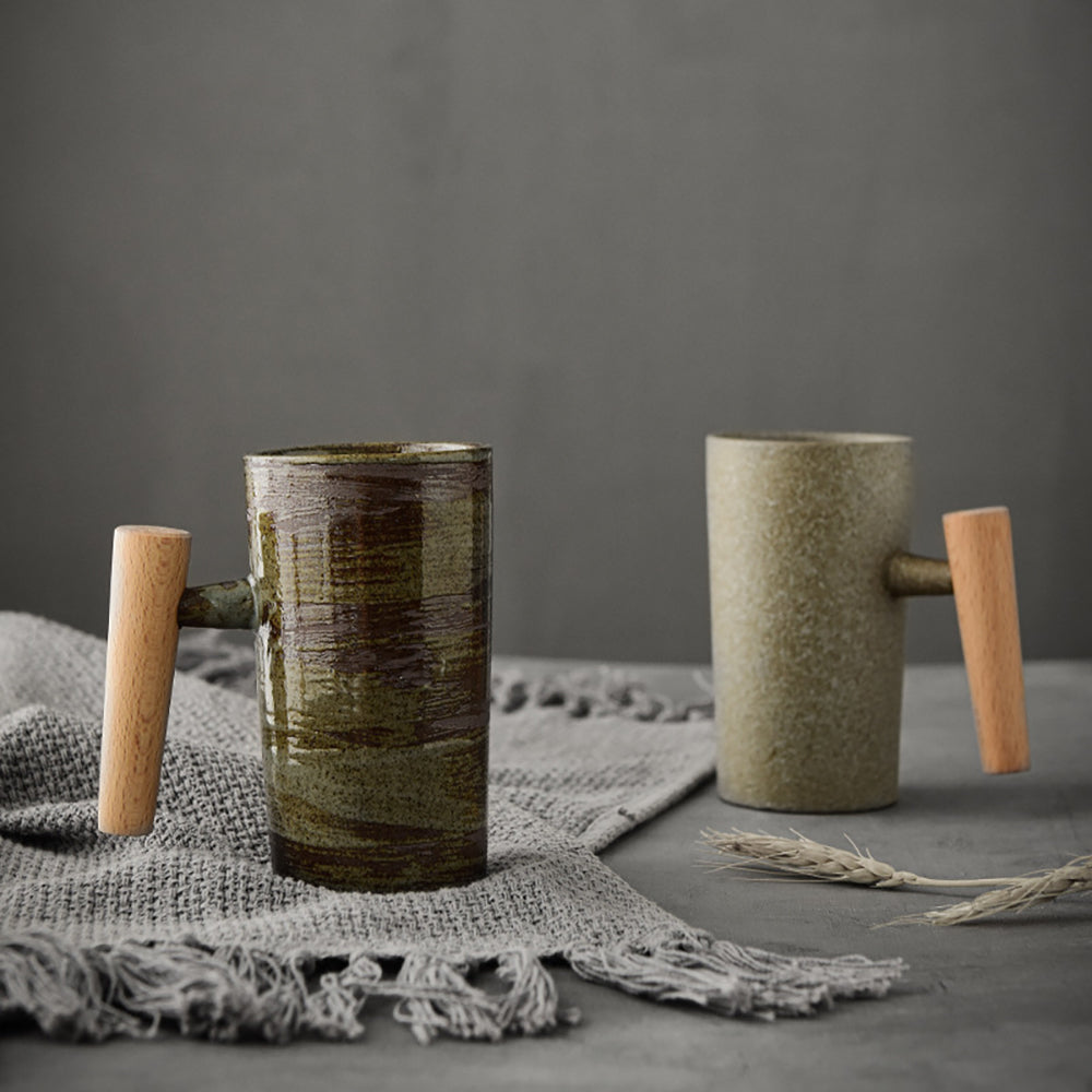 Vintage Japanese Ceramic Mug with Wooden Handle - Handcrafted Tea & Coffee Cup for Home, Office, and Gifts