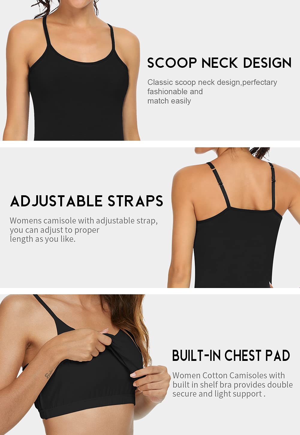 Orrpally Women's Cotton Camisole Tank Tops 3-Pack - Shelf Bra, Adjustable Spaghetti Straps - Perfect for Layering, Summer Outfits & Casual Wear
