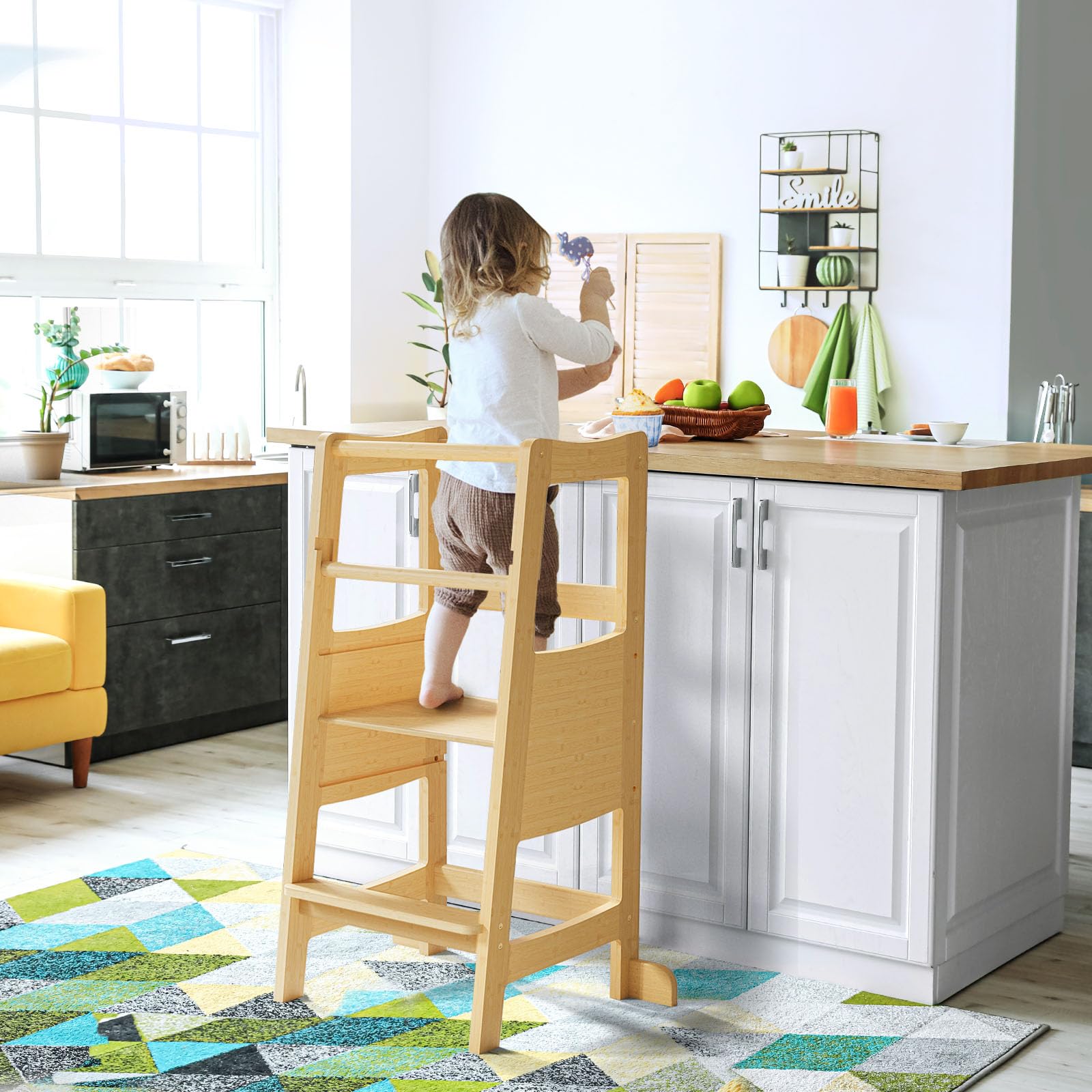 **Adjustable Toddler Step Stool with Safety Rail - 3 Height Levels, Wide Platform Learning Tower for Kids - Perfect for Kitchen, Bathroom & Playroom**