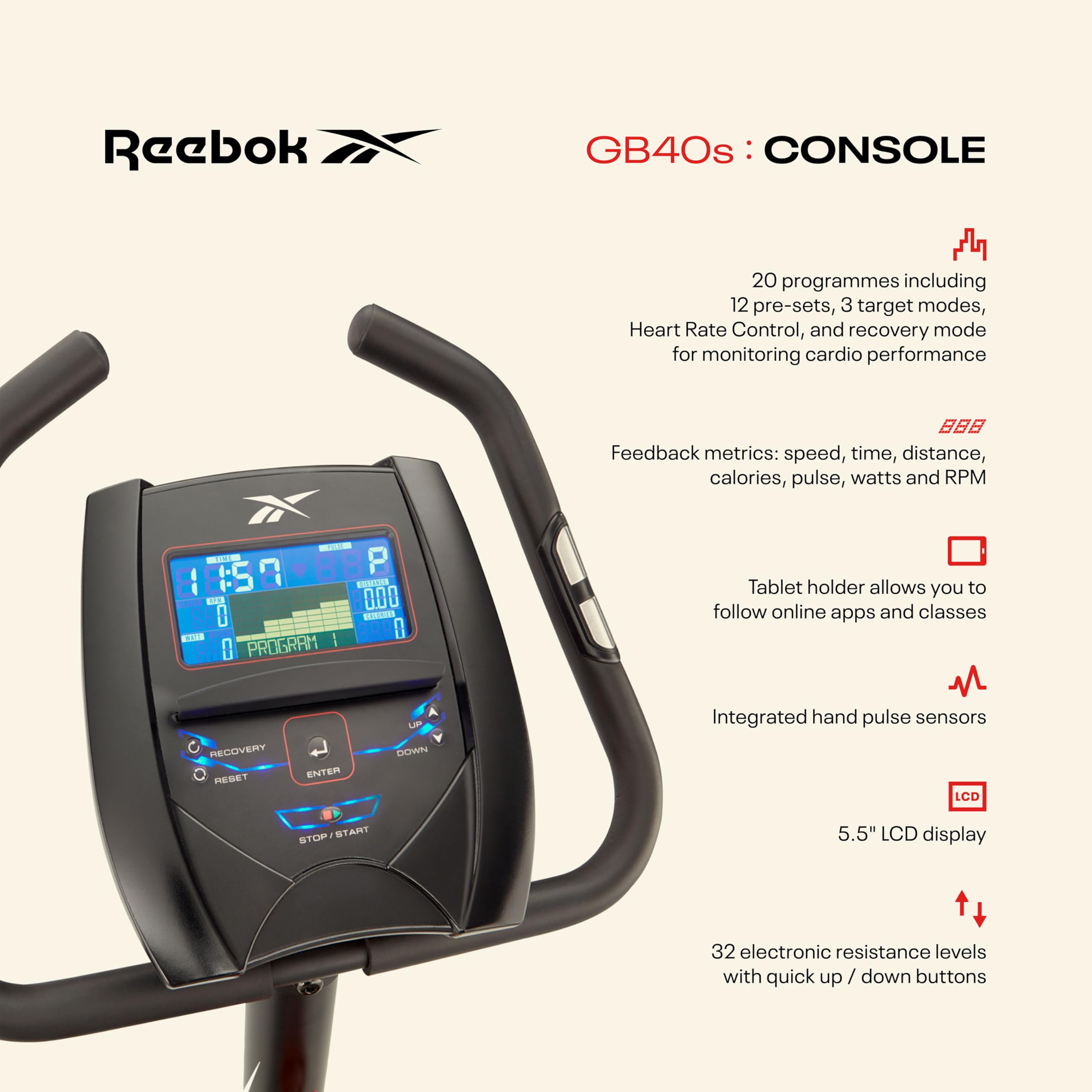 Reebok Fitness Stationary Bike - Bluetooth Indoor Cycling Bike with 24 Resistance Levels & 12 Workout Programs | Upright Exercise Bike with Gel Pad Saddle for Home Gym, Cardio Training & Weight Loss