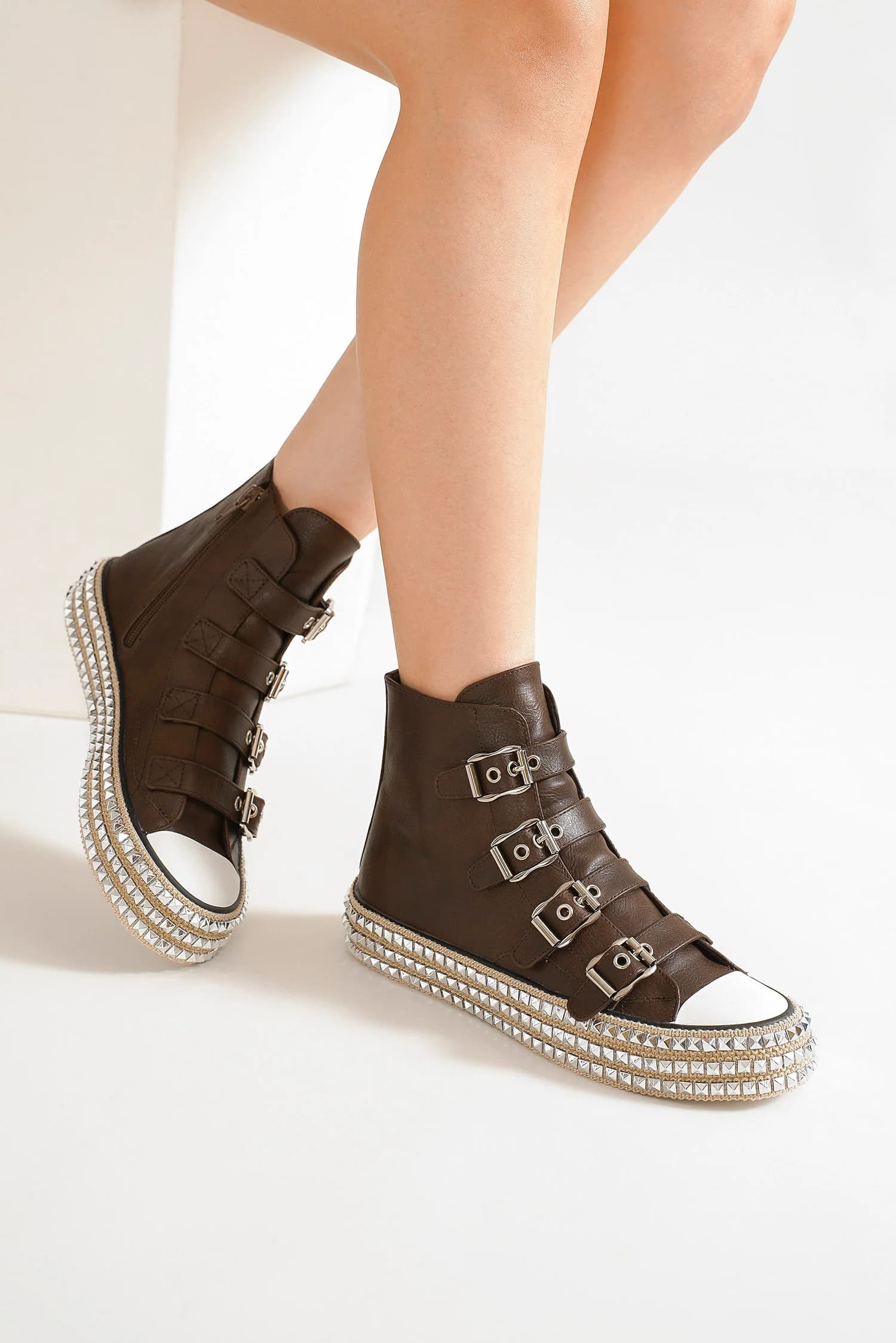 Beast Fashion Multi Buckle Straps Studded Platform Sneakers for Women - Brown Chunky Gothic Punk Boots for Casual Wear, Street Style & Night Out
