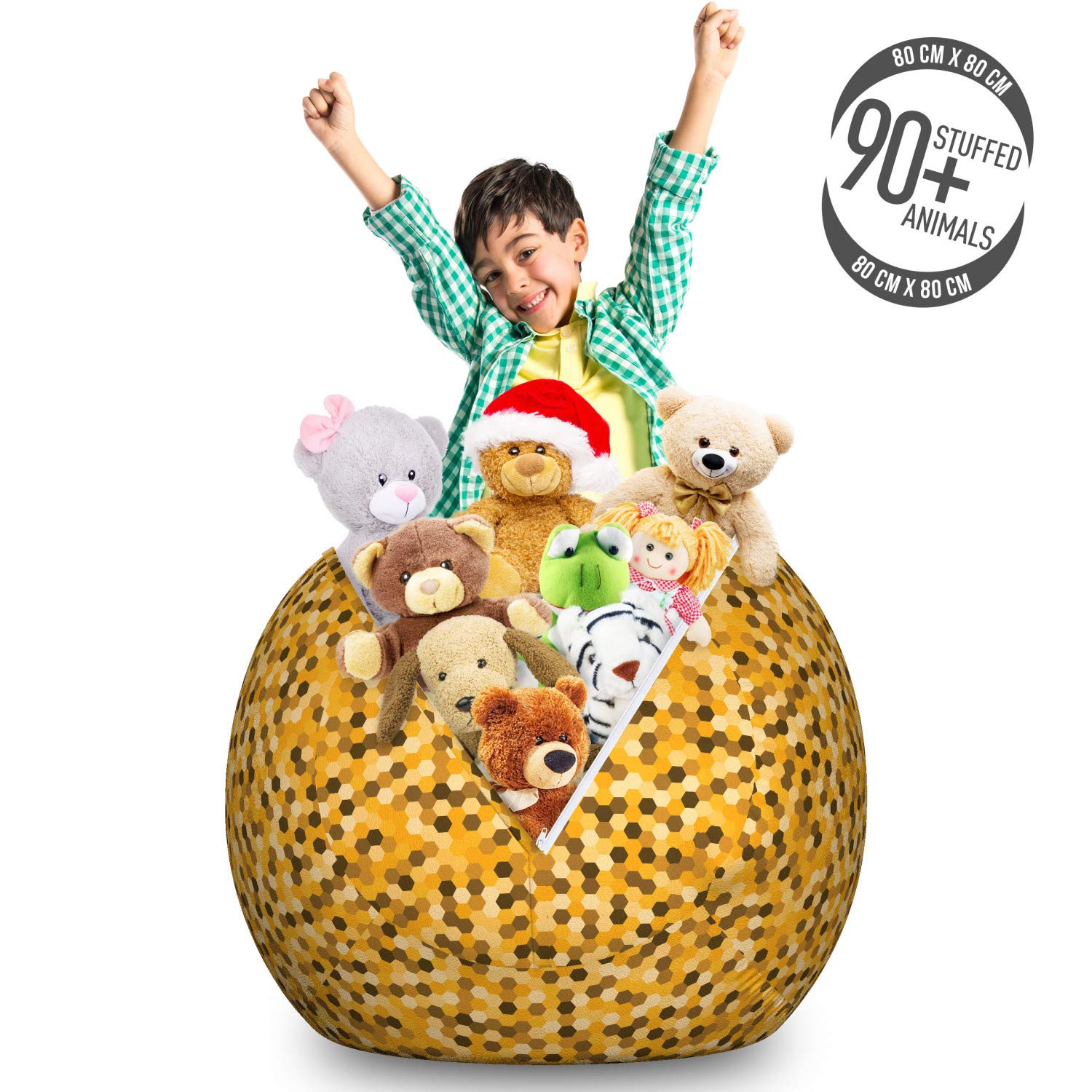 Ambesonne Honeycomb Toy Storage Bag Chair - Large Washable Stuffed Animal Organizer in Cocoa Brown & Yellow, Retro Hexagon Design | Perfect for Kids' Room, Playroom & Nursery Organization