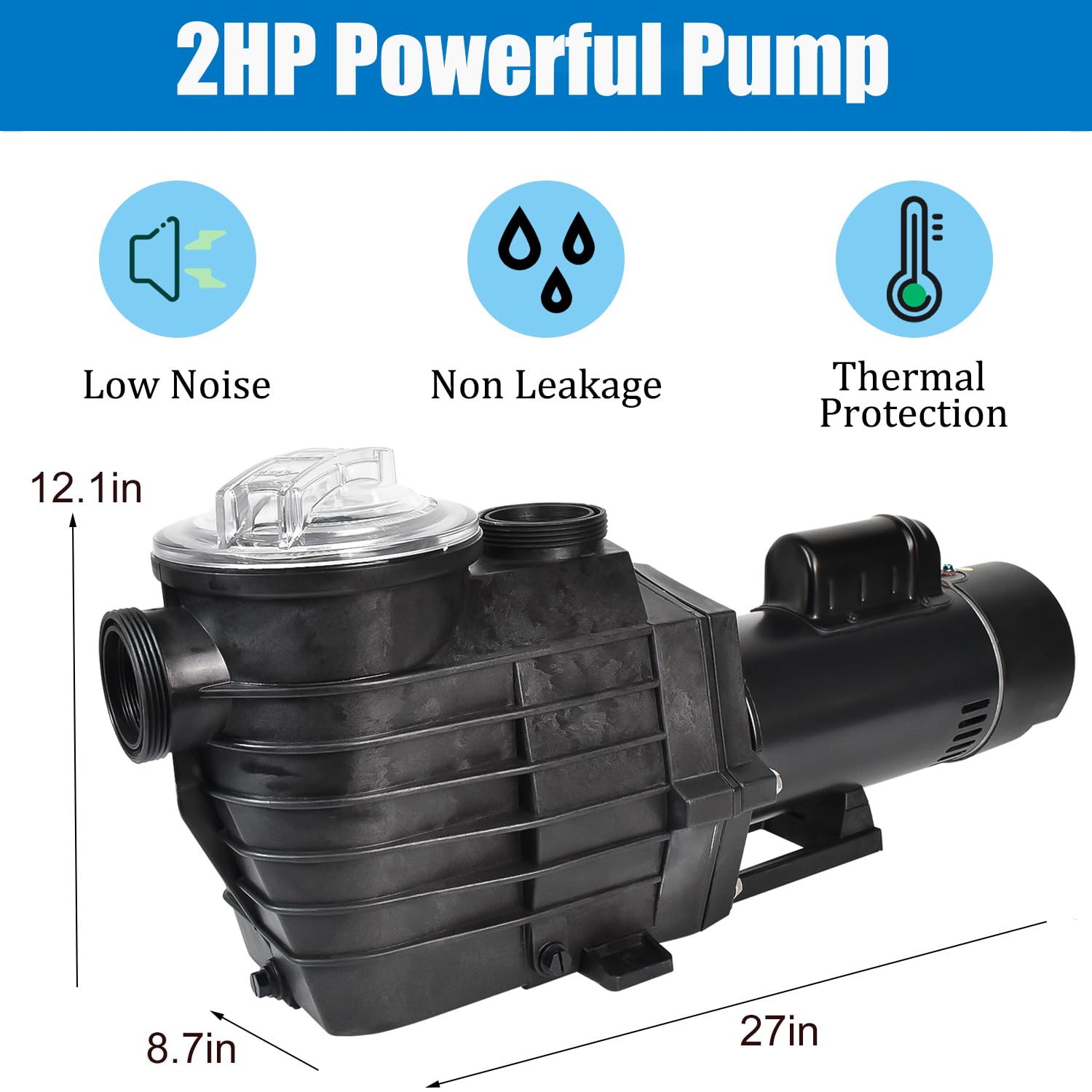 iMeshbean 2HP Inground Pool Pump - High Flow Rate 9000GPH, Dual Voltage 110-220V, Black Plastic Industrial Pool Pump for Swimming Pools, Spas, and Water Circulation Systems