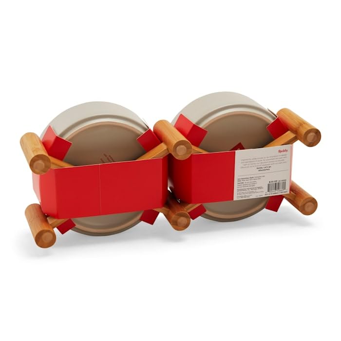 Premium Ceramic & Bamboo Elevated Dog Double Diner with 3 Cups - Red, Gray & Navy - Perfect for Small to Medium Dogs, Indoor & Outdoor Feeding Stations