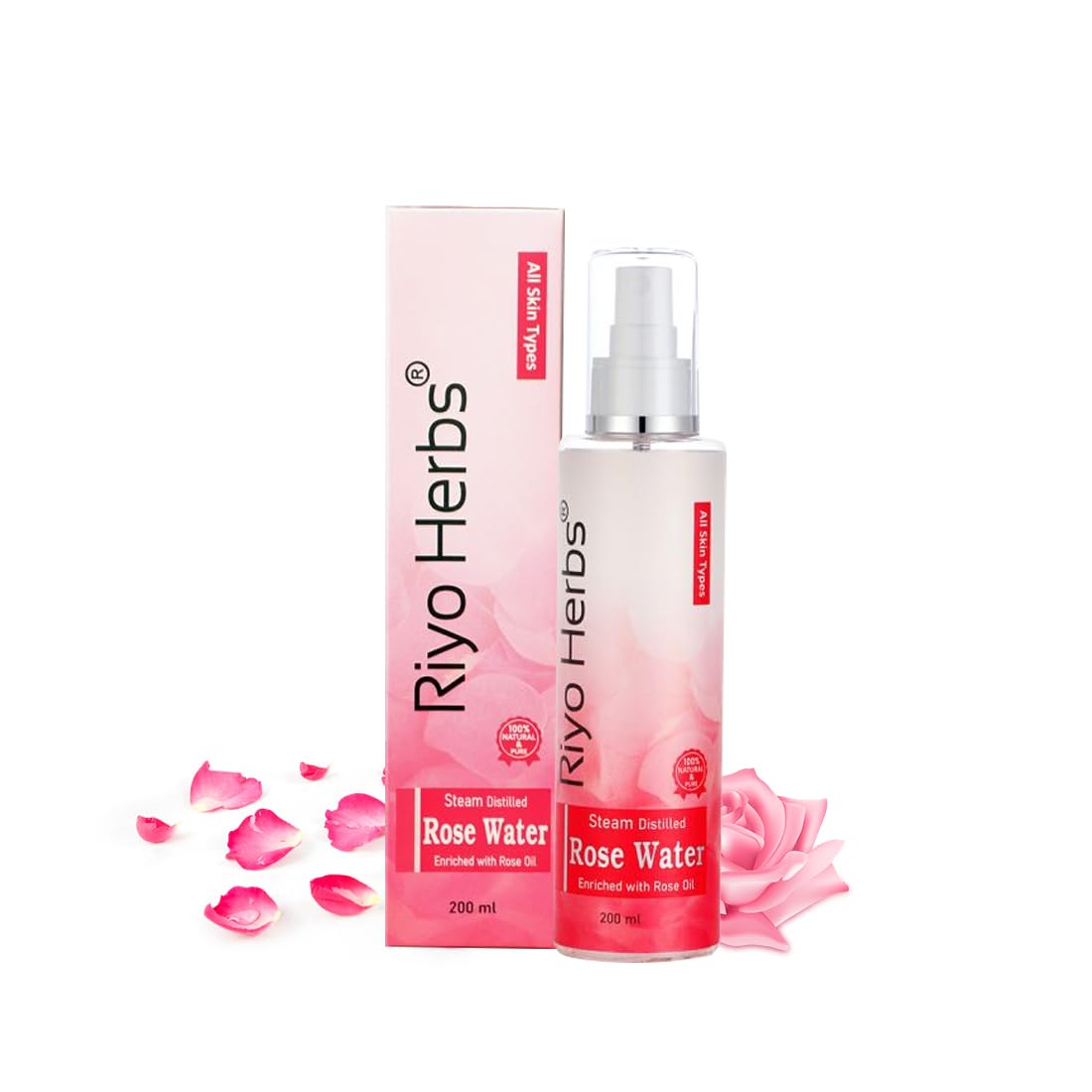 Riyo Herbs Rose Water Facial Spray 200ml | Steam Distilled Pure Gulab Jal | Hydrating Face Toner & Cleanser for All Skin Types | Perfect for Daily Skincare, Makeup Setting & Summer Refreshment