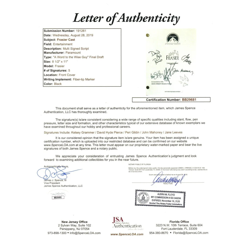 Frasier Cast Signed TV Show Script - Kelsey Grammer Autograph with JSA COA - Collectible Memorabilia for Fans & Home Theater Decor
