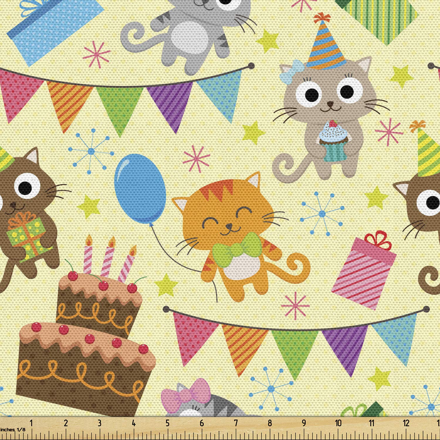 Ambesonne Happy Birthday Fabric by The Yard - Cartoon Cat Party Design with Stars, Cake & Gifts - 10 Yards Yellow Brown Upholstery Fabric for DIY Home Decor, Table Runners, Curtains & Craft Projects