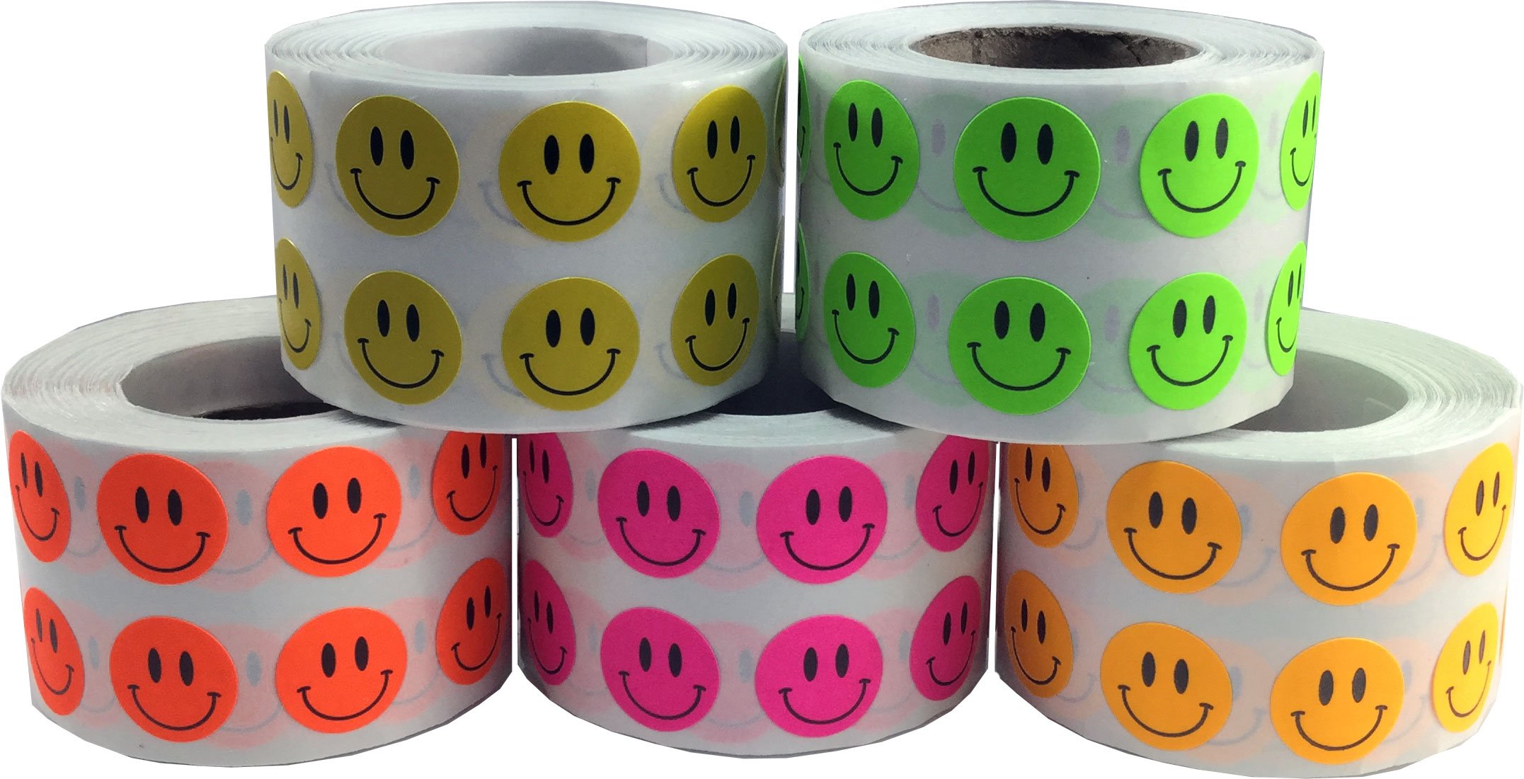 Happy Face Stickers Bulk Pack - 1/2 Inch Round Circle Dots, 1,000 Stickers Per Color (5,000 Total) - Perfect for Teachers, Classroom Rewards, DIY Crafts & Kids Activities