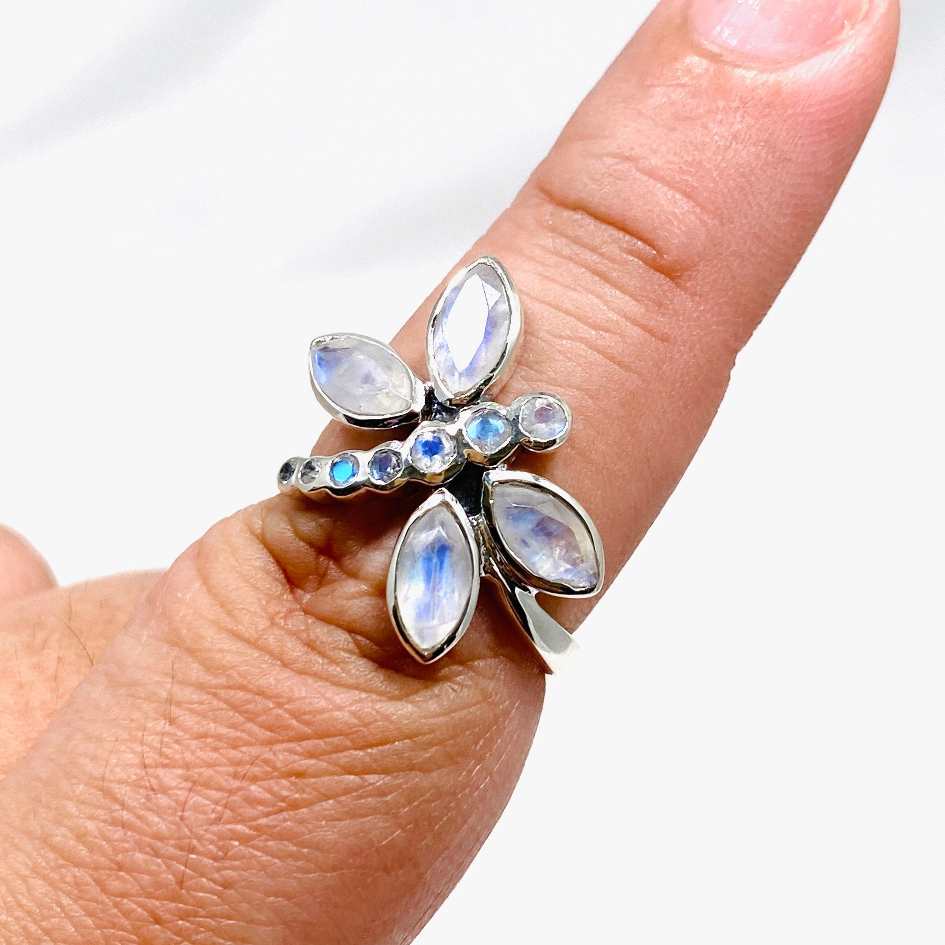 Faceted Moonstone Dragonfly Ring R3887 - Elegant Bohemian Jewelry for Women, Perfect for Weddings, Parties & Everyday Wear
