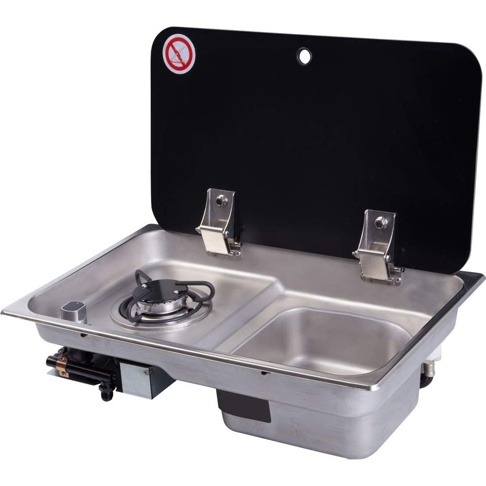 Portable 1-Burner LPG Gas Camping Stove with Glass Lid & Sink Combo - Compact RV Cooktop for Motorhome, Boat, Caravan & Outdoor Adventures (21