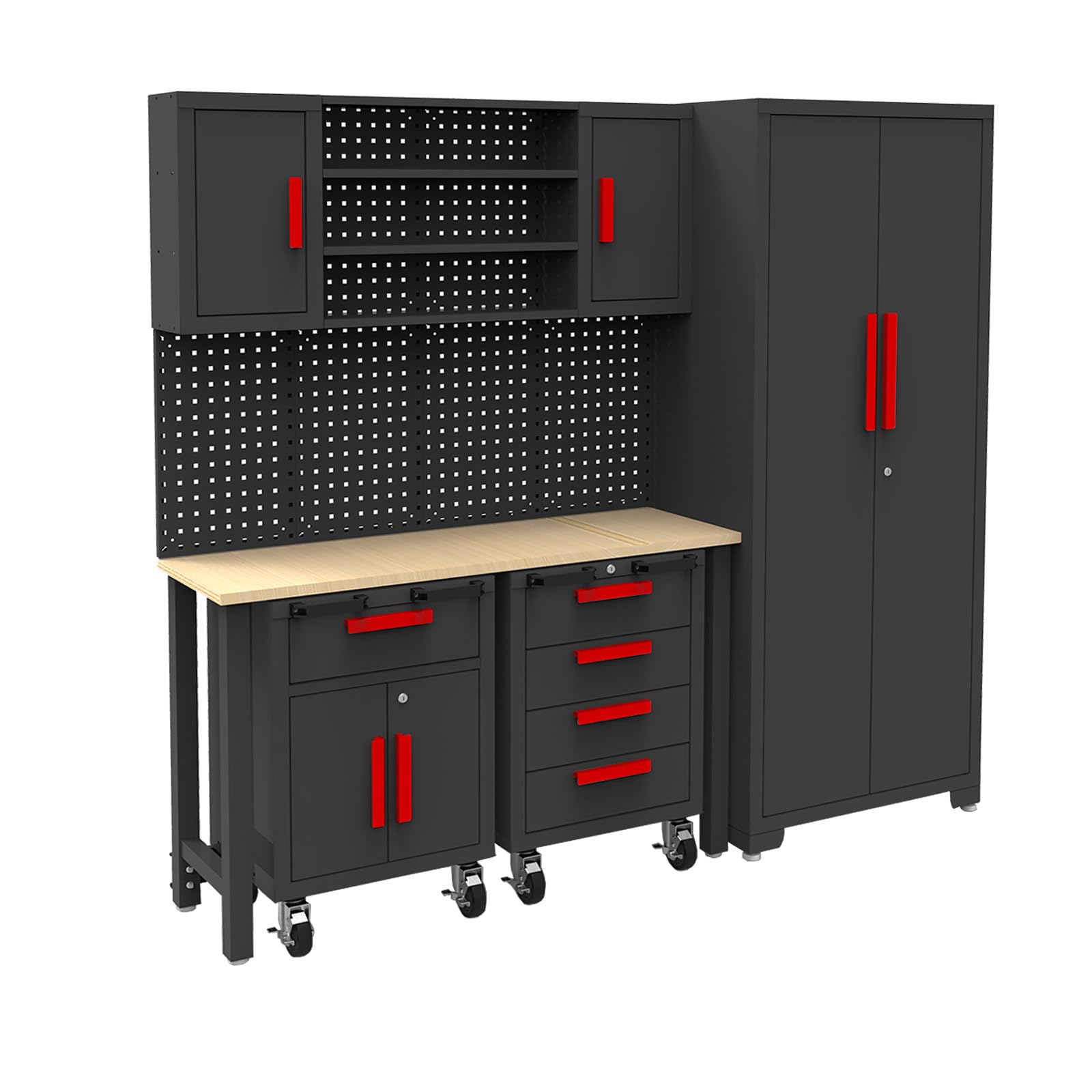 Torin 6-Piece Black Garage Storage Cabinet System - Steel Workshop Cabinets with Drawers, Rolling Chest & Pegboard - Secure Locking Garage Organization for Tools & Equipment (Perfect for Home Garage, Workshop & DIY Storage Solutions)