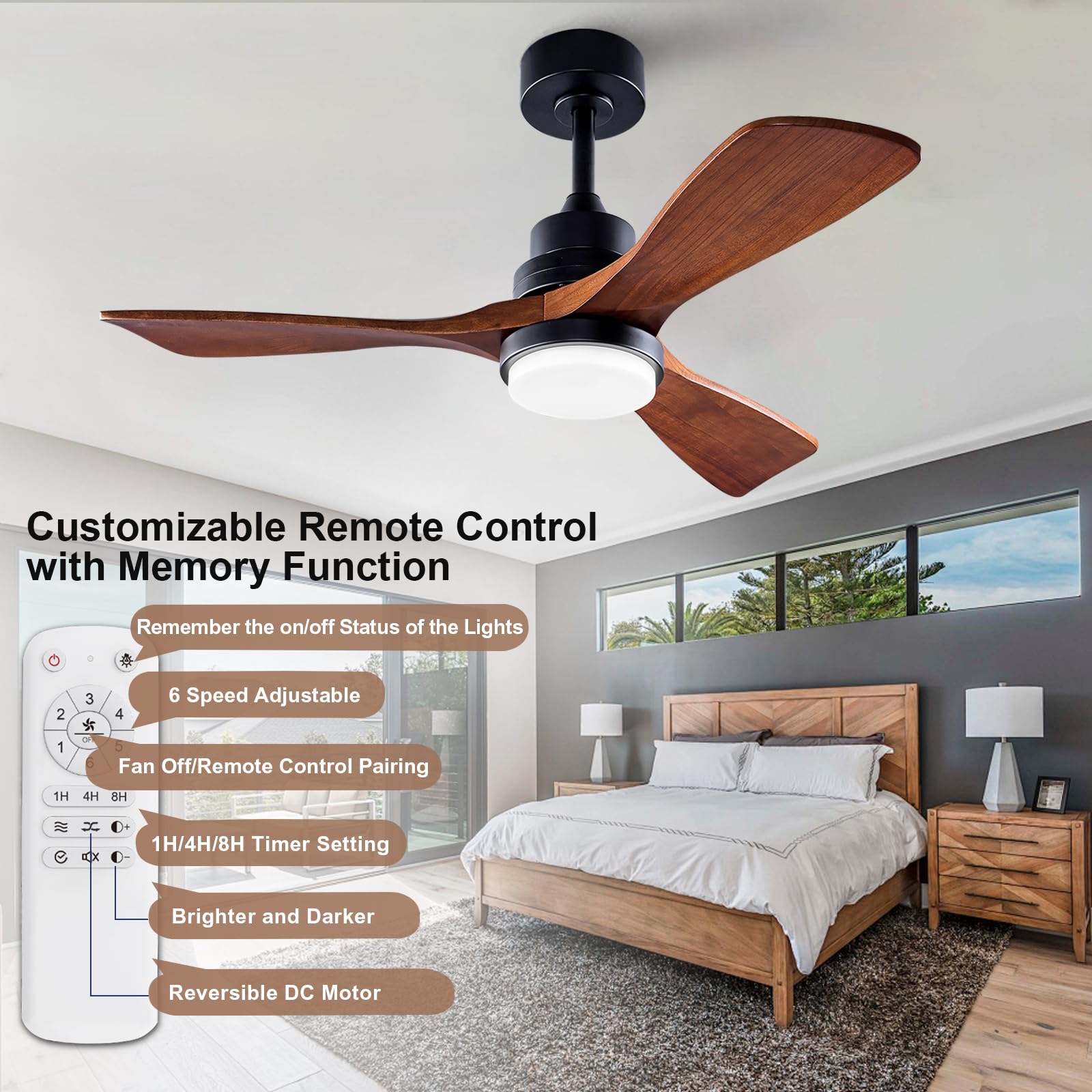 BOJUE 42 Inch Modern Black Ceiling Fan with Light and Remote Control - Dimmable LED Light, Ultra Quiet Reversible DC Motor, Memory Function - Solid Wood Indoor/Outdoor Ceiling Fan for Office, Patio, Living Room, Bedroom, Dining Room