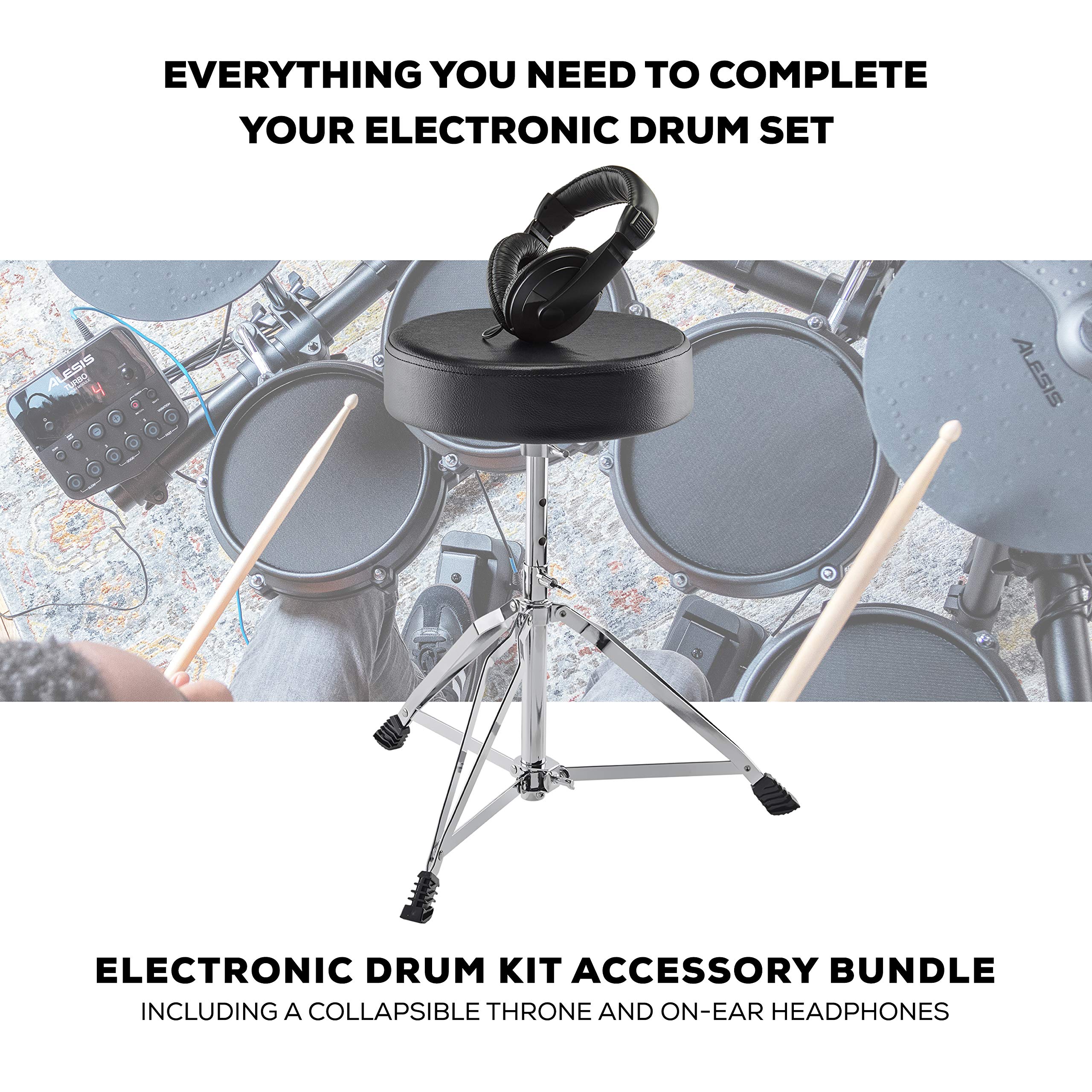 Alesis Drum Essentials Bundle – Complete Electric Drum Set Accessory Pack with Drum Throne & On-Ear Headphones for Home Practice & Studio Recording