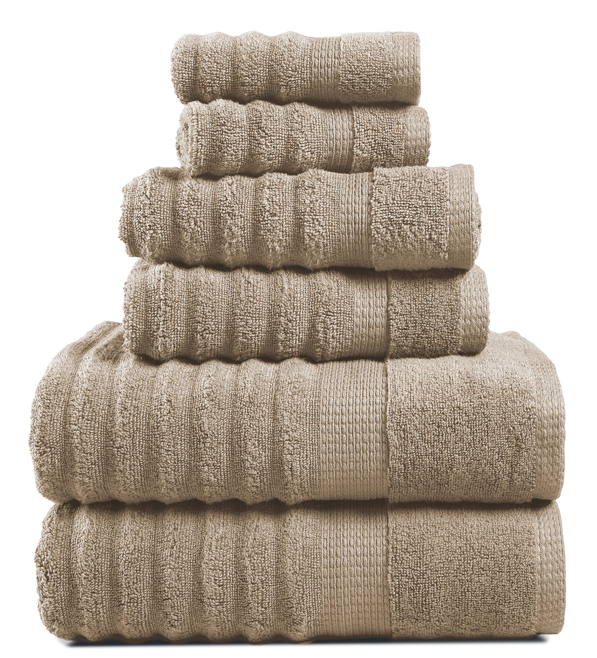 Premium 100% Cotton Bath Towel Set - Ultra Soft & Highly Absorbent 6-Piece Luxury Towels (2 Bath, 2 Hand, 2 Washcloths) for Spa, Hotel & Home Bathroom - Ribbed Textured Taupe Collection - Perfect for Relaxation & Self-Care Moments