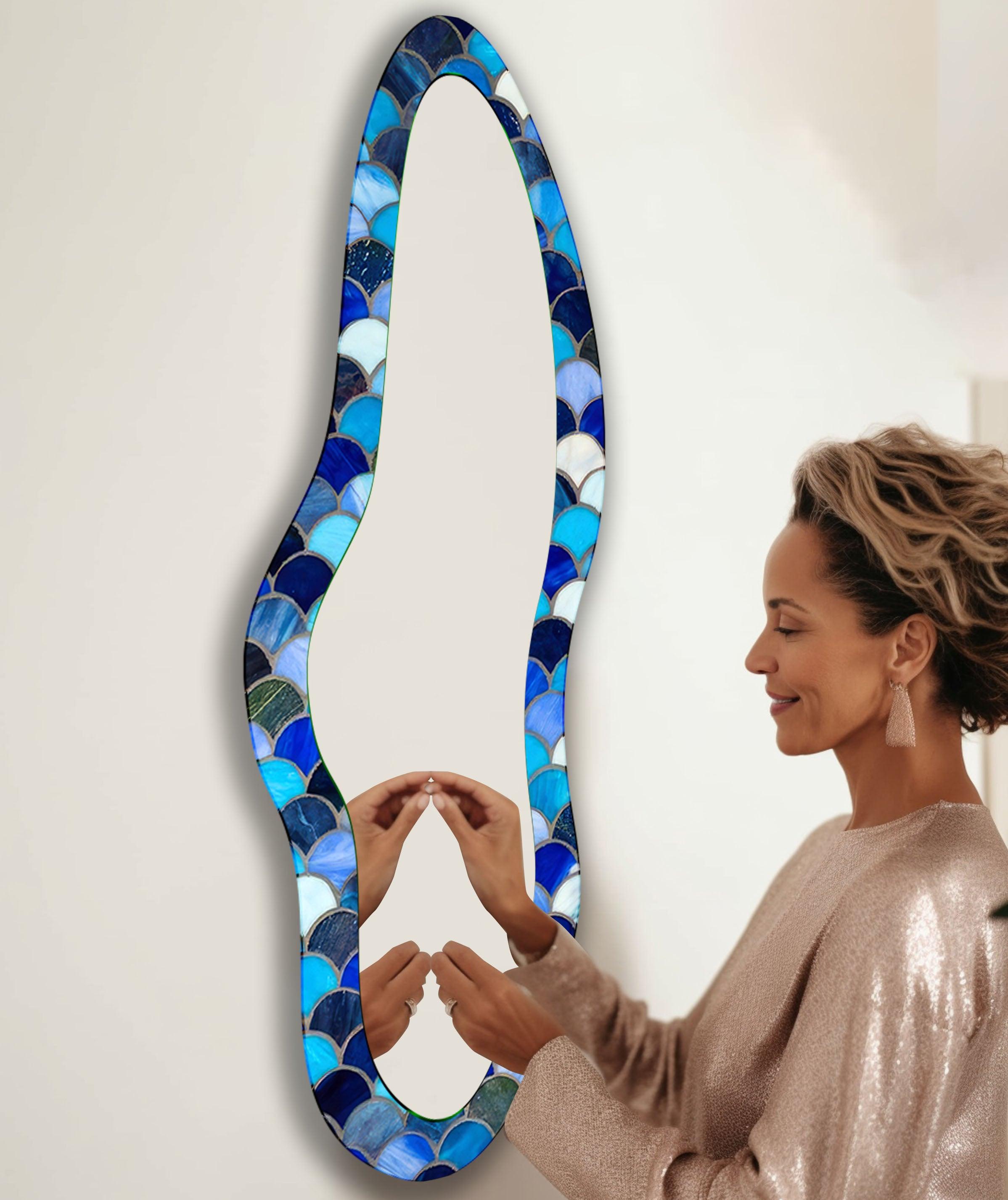 Handmade Blue Stained Irregular Long Glass Wall Mirror - Unique Boho Decor for Living Room, Bedroom & Entryway