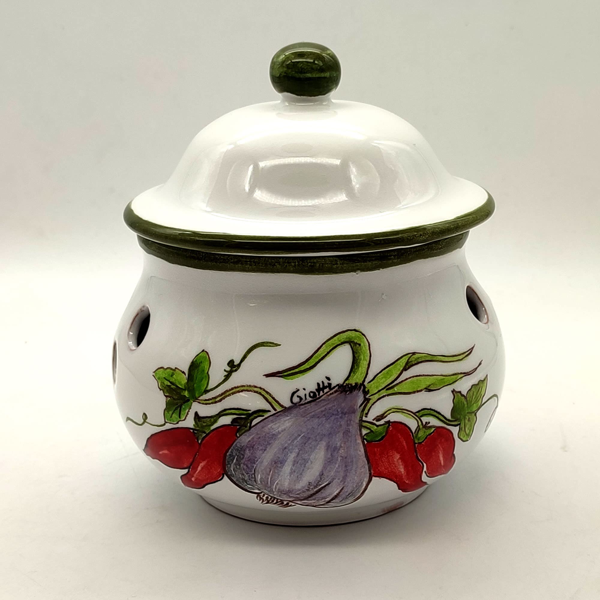 Hand Painted Italian Ceramic Garlic Keeper with Lid - Tuscan Kitchen Storage Jar for Garlic, Tea, Coffee & Spices - Authentic Italian Pottery Home Decor - Perfect for Farmhouse, Rustic & Mediterranean Style Kitchens