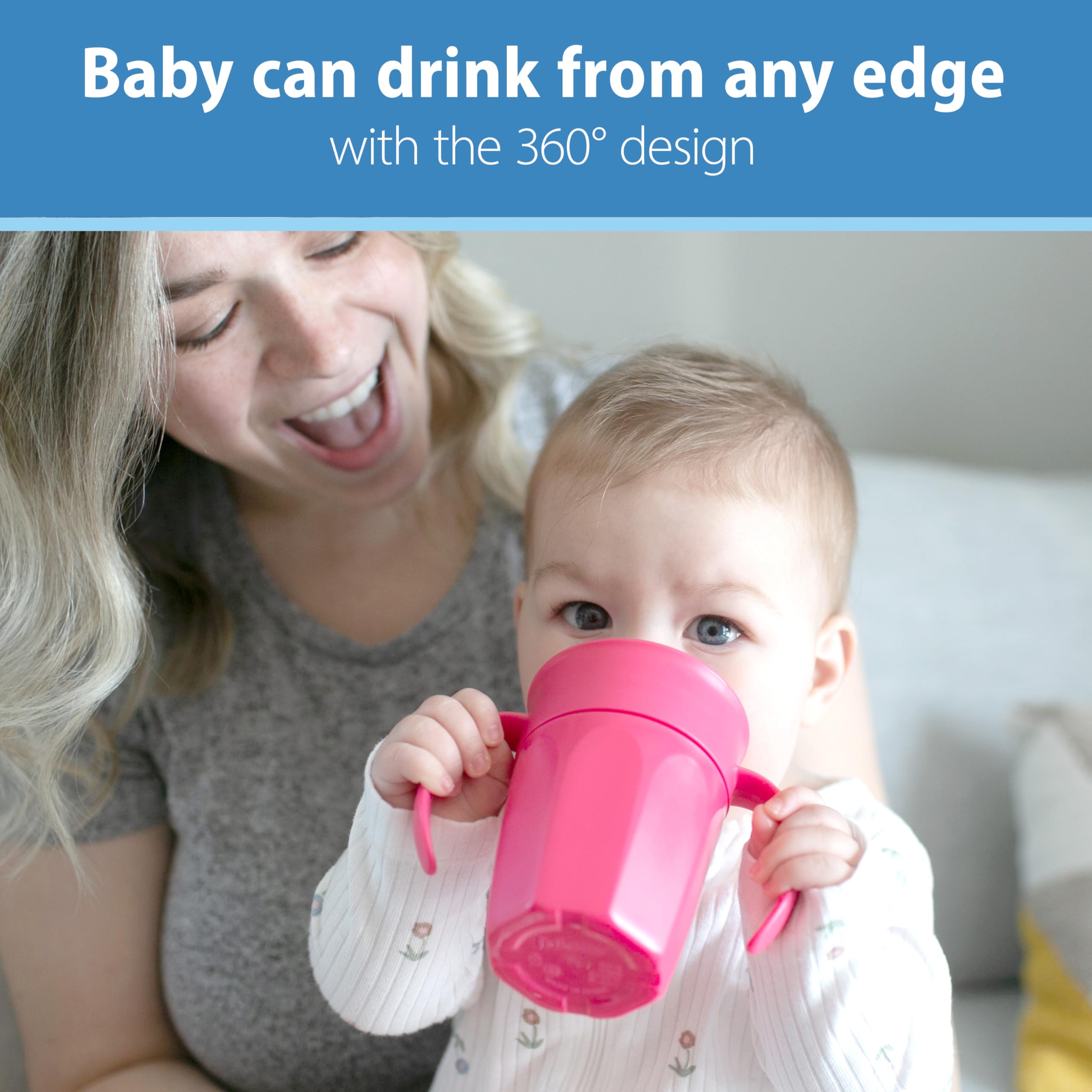 Dr. Brown's Milestones Cheers 360 Spoutless Sippy Cup with Handles - 7oz/200ml Leak-Proof Transition Cup for Babies 6+ Months - BPA-Free, Easy Grip Design (Pink) - Perfect for On-the-Go Feeding & Learning Independent Drinking Skills