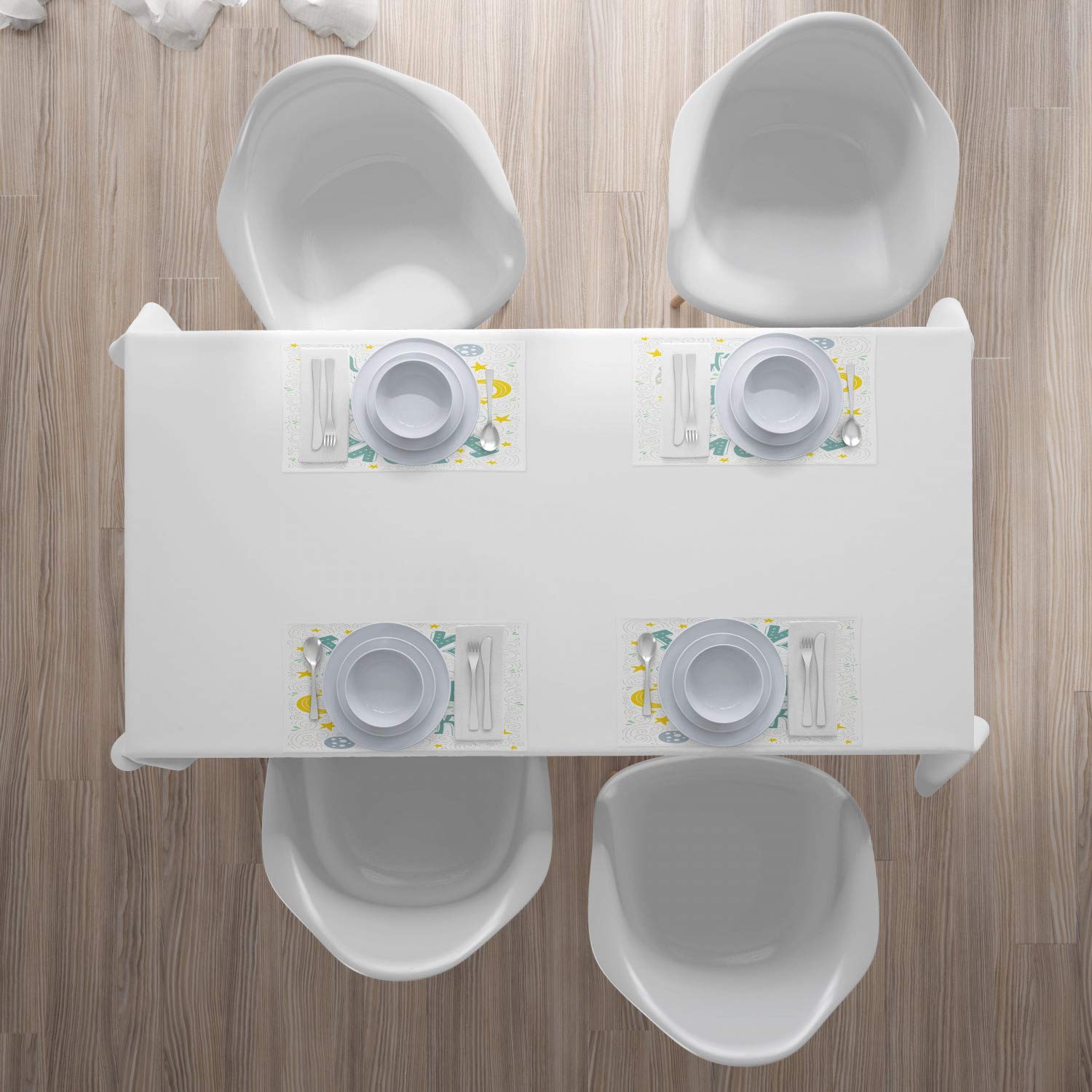 Ambesonne I Love You to The Moon and Back Place Mats Set of 4, Crescent Moon Planets Stars Rocket Galaxy Design, Washable Fabric Dining Table Placemats, Standard Size 12x18 Inches, White Pale Seafoam - Perfect for Romantic Dinners, Space-Themed Parties & Everyday Use