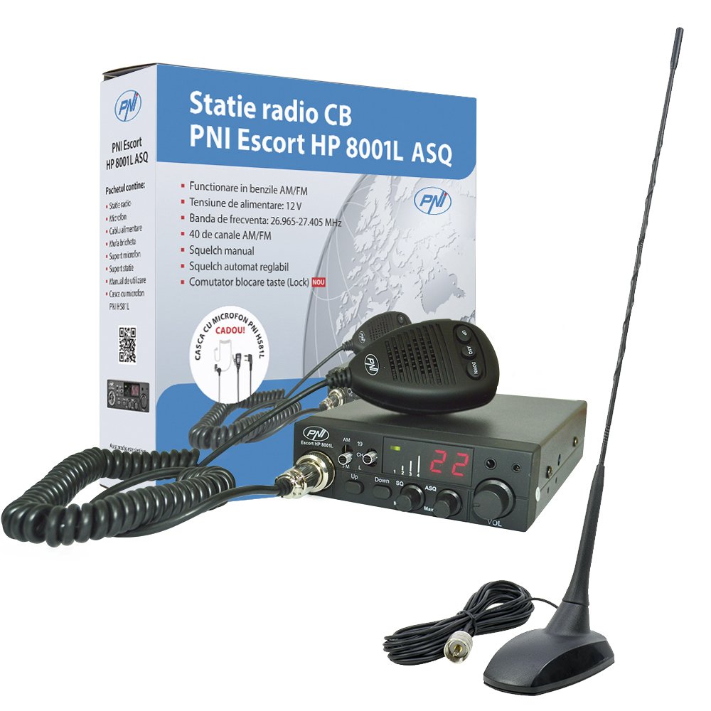 PNI ESCORT HP 8001L ASQ CB Radio Kit with Antenna - Includes Fused Cigarette Lighter Power Plug & HS81L Earphone for Truckers & Road Trips - Long Range Communication for Highway Safety & Emergency Use
