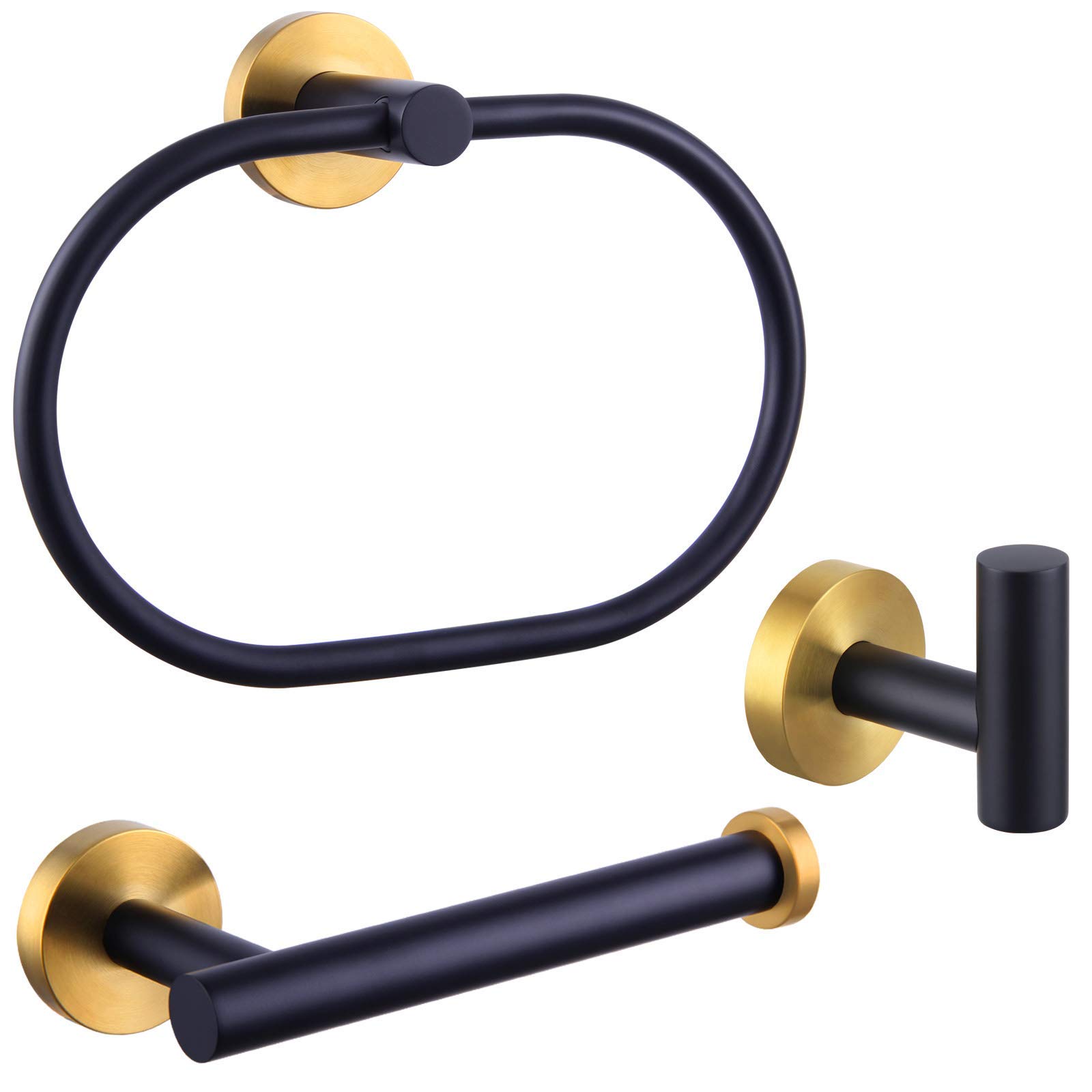 Black & Gold Bath Towel Ring Set with Toilet Paper Holder & Robe Hook - Modern Bathroom Storage Decor for Luxury Spa-Style Showers & Guest Bathrooms | APLusee