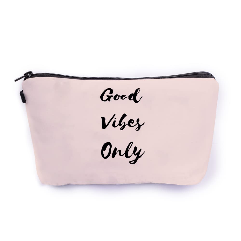 Crazyify Pink Good Vibes Travel Pouch - Waterproof Canvas Cosmetic Bag for Women | Makeup Organizer & Toiletry Storage Bag | Perfect for Travel, Gym, and Daily Essentials (Zipper Closure)