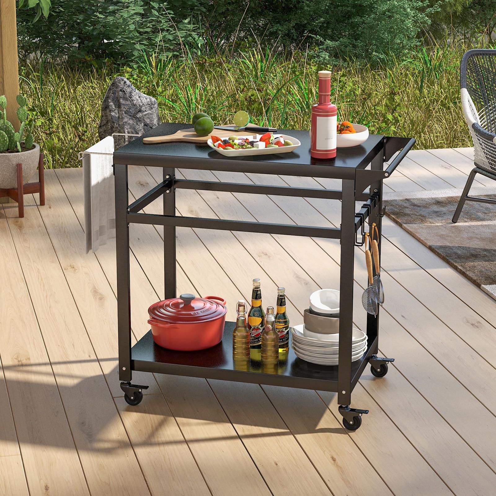 Giantex Outdoor Grill Cart with Lockable Wheels - Double Shelf BBQ Prep Table, Pizza Oven Stand with Garbage Bag Holder & Removable Hooks | Portable Kitchen Cart for Backyard BBQ, Camping, Tailgating & Outdoor Dining Parties