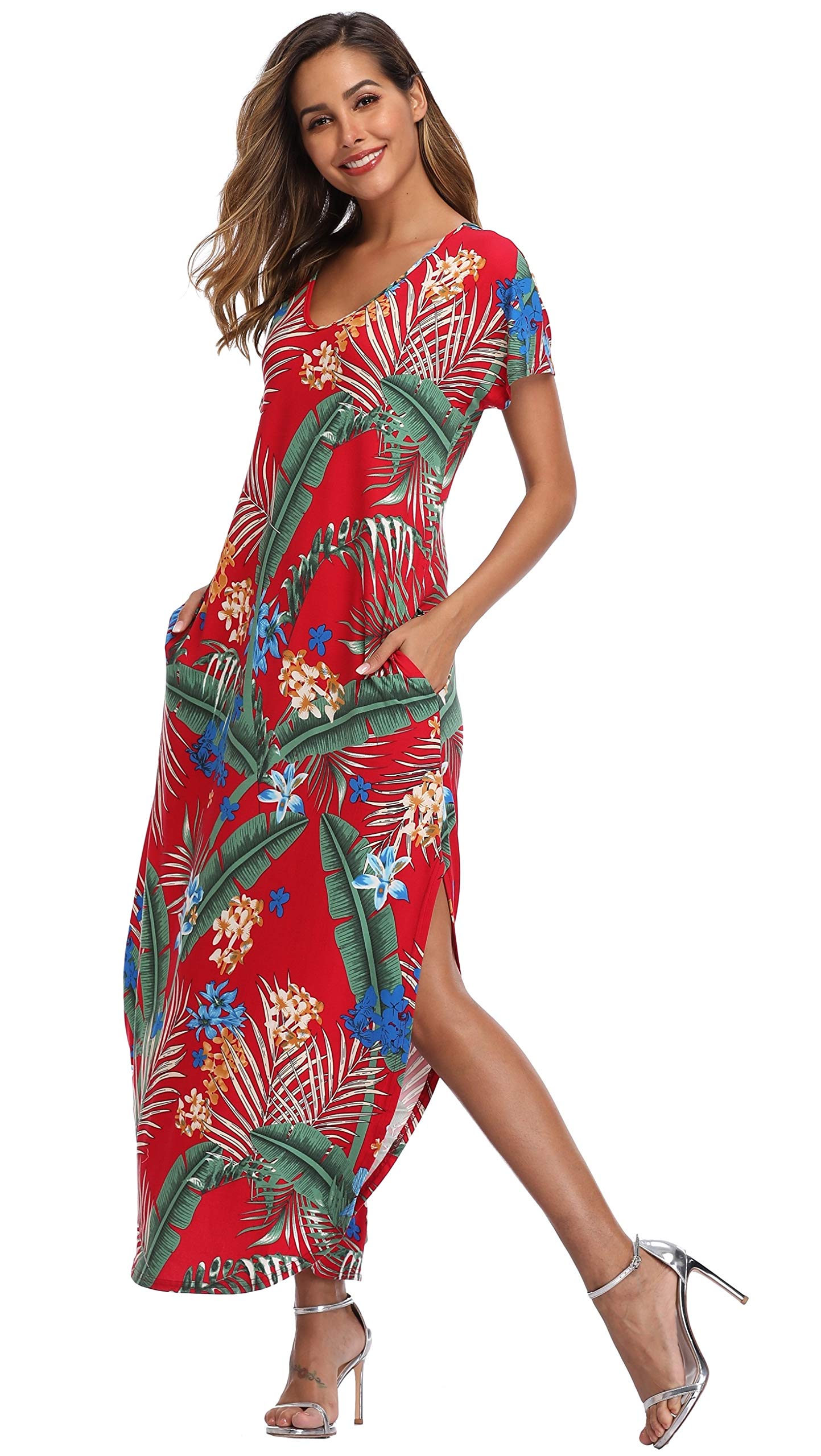 VEW Store Women's Floral Print Maxi Dress - Long Casual Summer Beach Dress with Pockets for Vacation, Party & Outdoor Events