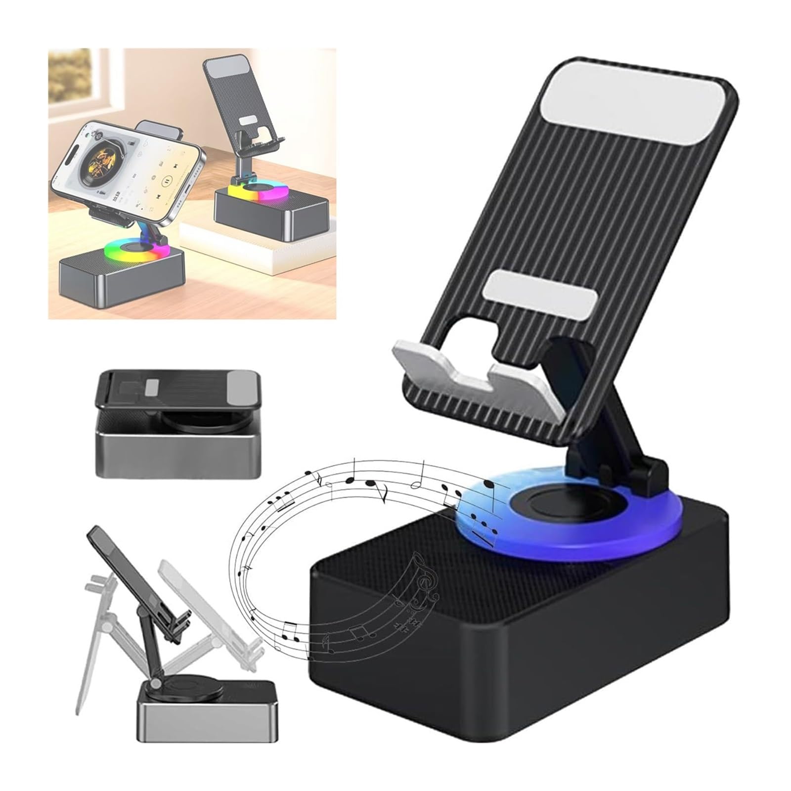 Bluetooth Audio Power Phone Holder & Stand with Wireless Speaker - Foldable Cellphone Stand with Built-in Bluetooth 5.0, Portable Speakerphone for Hands-Free Calls & Music Streaming (Black) - Perfect for Home Office, Car Travel, and Outdoor Adventures