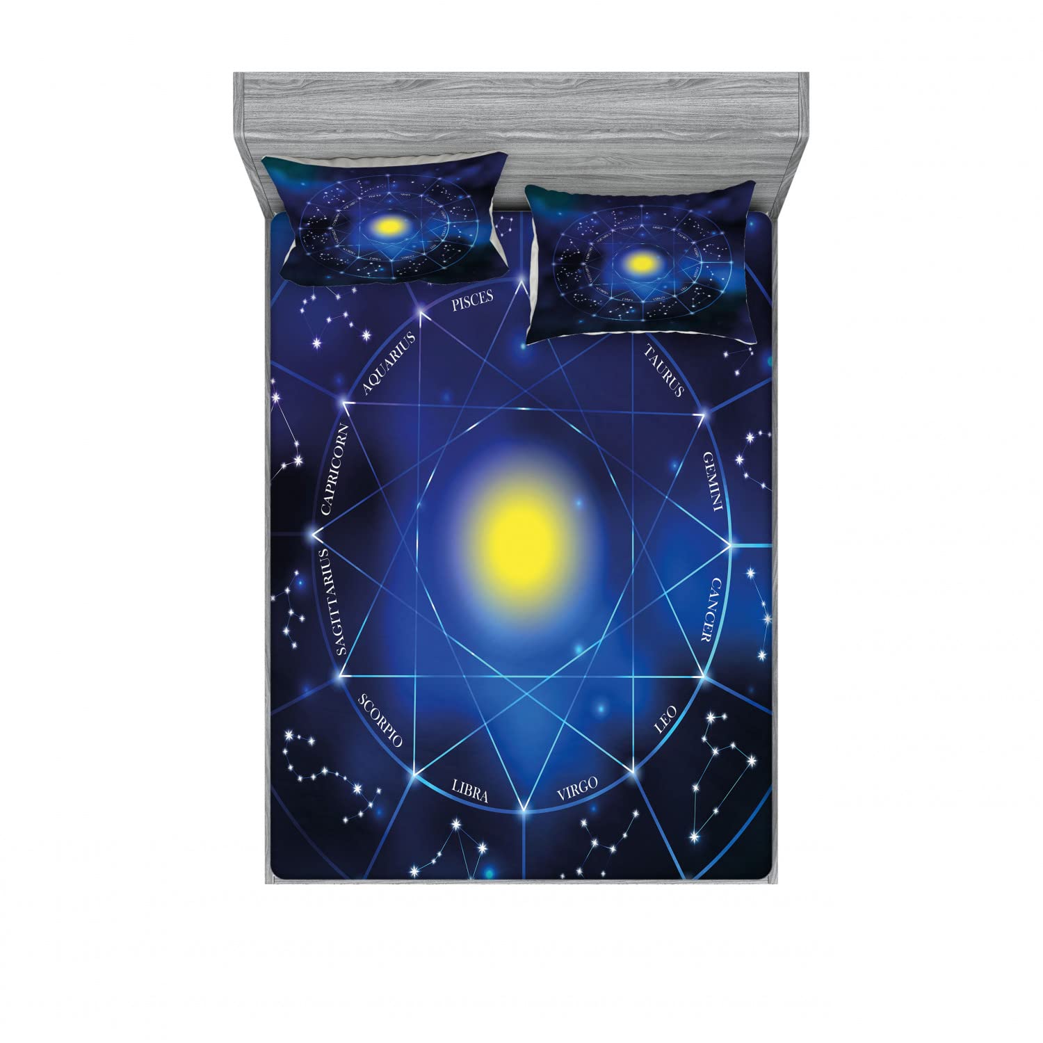Ambesonne 2-Piece Queen Size Fitted Sheet Set with 4 Pillow Shams - Zodiac Constellation & Sun Design in Pale Blue, Indigo & Yellow | Astrology Themed Bedding for Home Decor, Dorm Room & Gift Giving