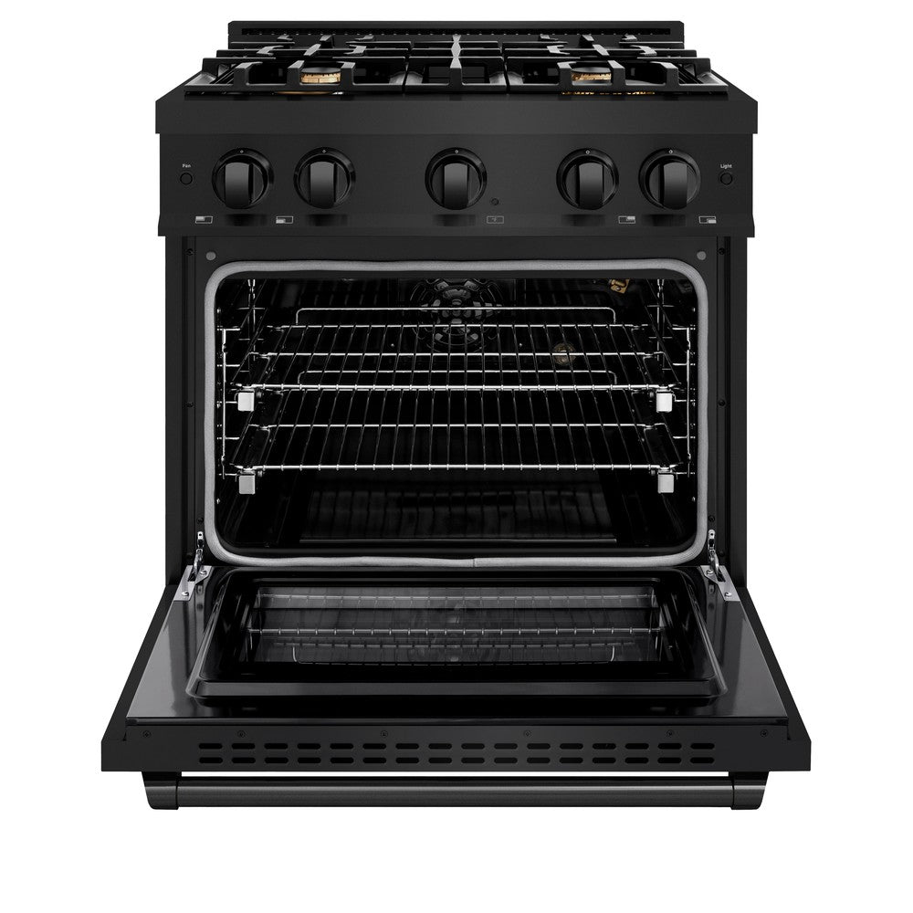ZLINE 30-Inch 4.2 cu. ft. Black Stainless Steel Gas Range with Convection Oven & 4 Brass Burners - Perfect for Modern Kitchens, Baking & Family Cooking (HGRB BR 30)