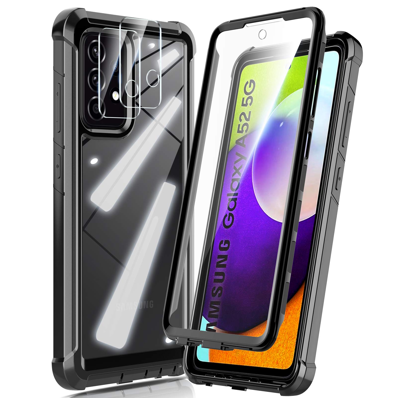 HATOSHI Samsung Galaxy A52 5G/4G Case with Built-in Screen Protector & 2 Pack Camera Lens Protector - Military Grade Shockproof Full Body Protective Rugged Clear Back Cover (Black) - Perfect for Outdoor Activities, Travel, and Daily Protection