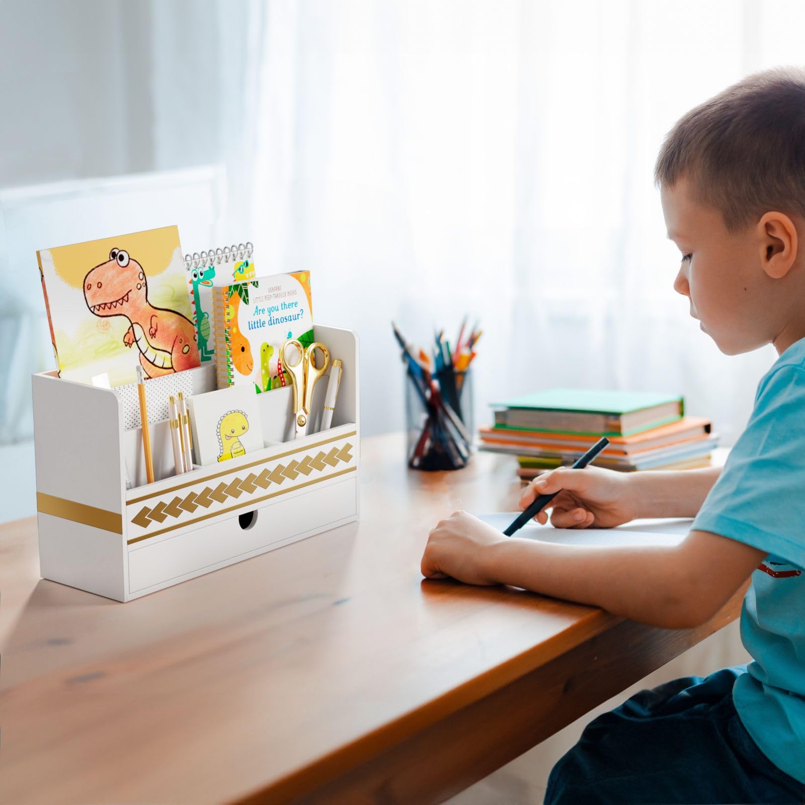 Bamboo Desk Organizer - Wooden Mail Holder & Countertop Storage Box with Drawer for Pens, Letters & Office Supplies | Perfect for School, Home & Office Organization (White)