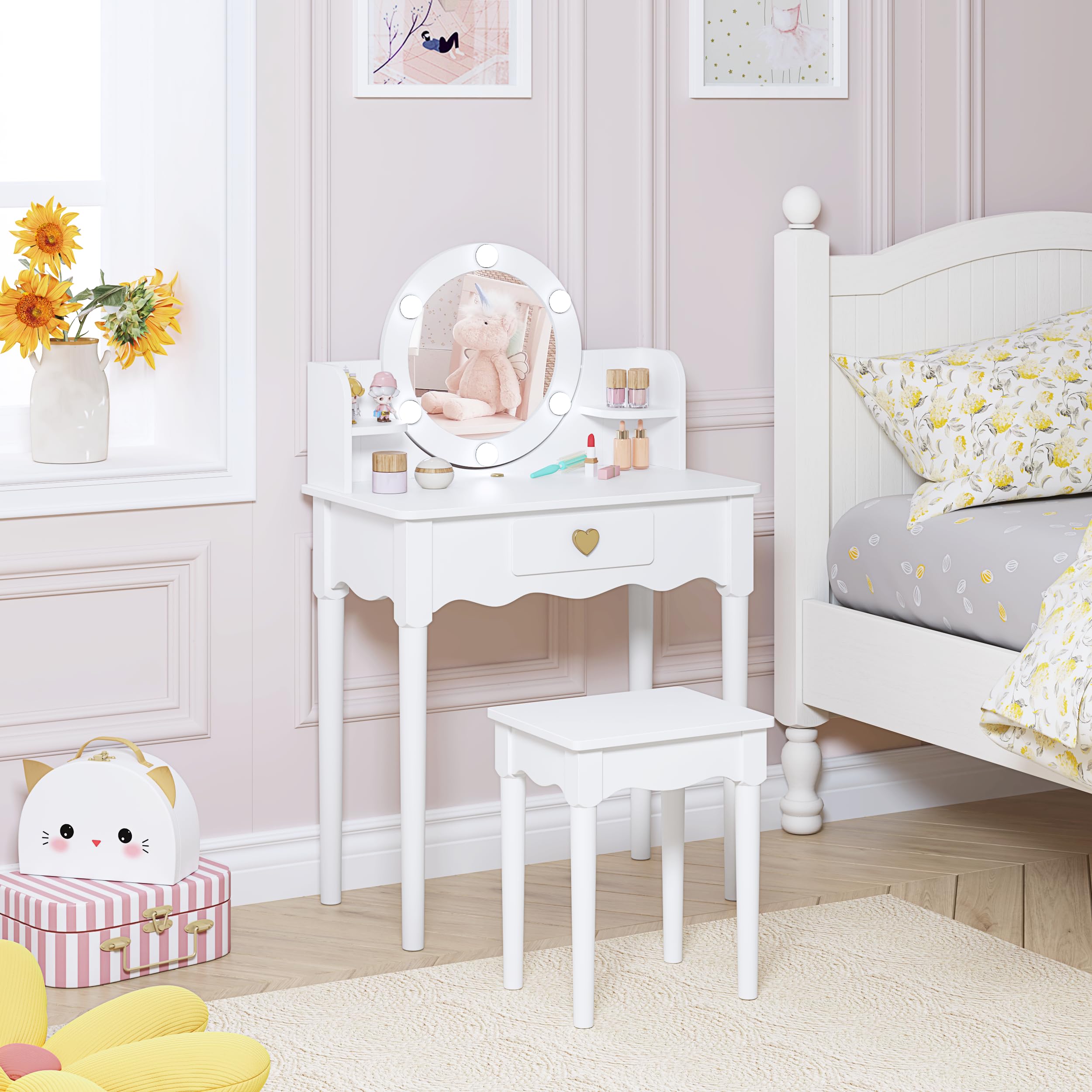 UTEX Kids Vanity Set with Mirror, Stool & Lights - Wooden Princess Makeup Desk & Dressing Table for Girls (White) | Pretend Play, Birthday Gift & Room Decor
