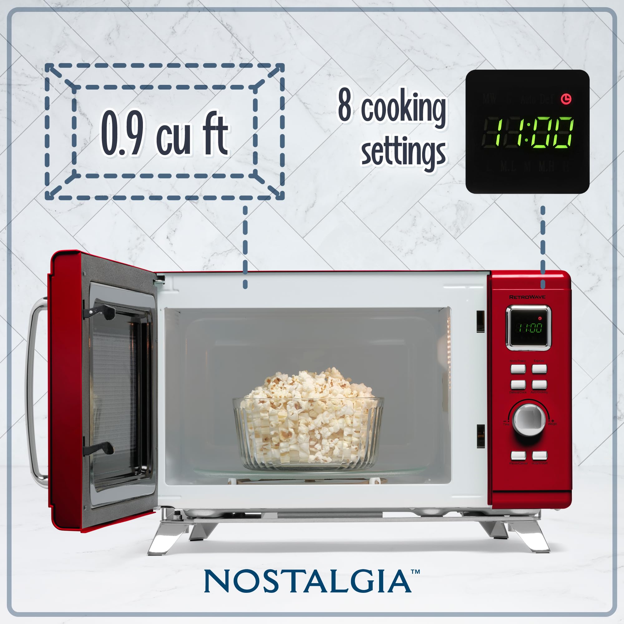 Vintage Retro Countertop Microwave Oven - 900W Large 0.9 Cu Ft Capacity - 8 Preset Cooking Modes & Digital Clock - Mid-Century Style Kitchen Appliance in Red - Perfect for Small Kitchens, Dorms & Office Break Rooms