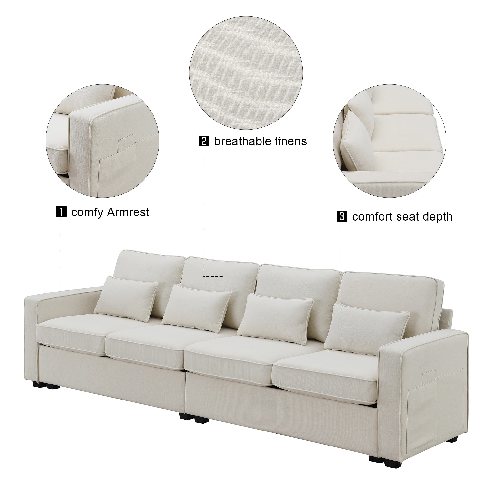 Modern 4-Seater Linen Fabric Sofa with Armrest Pockets & 4 Pillows - Minimalist Upholstered Couch for Living Room, Apartment, Office (Beige) | Perfect for Small Spaces, Family Gatherings & Cozy Home Decor