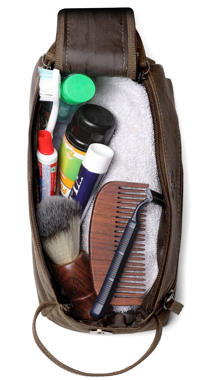 Premium Leather Travel Shaving Kit - Dark Brown Men's Grooming Bag for Toiletries & Razors | Perfect for Business Trips, Camping & Home Use