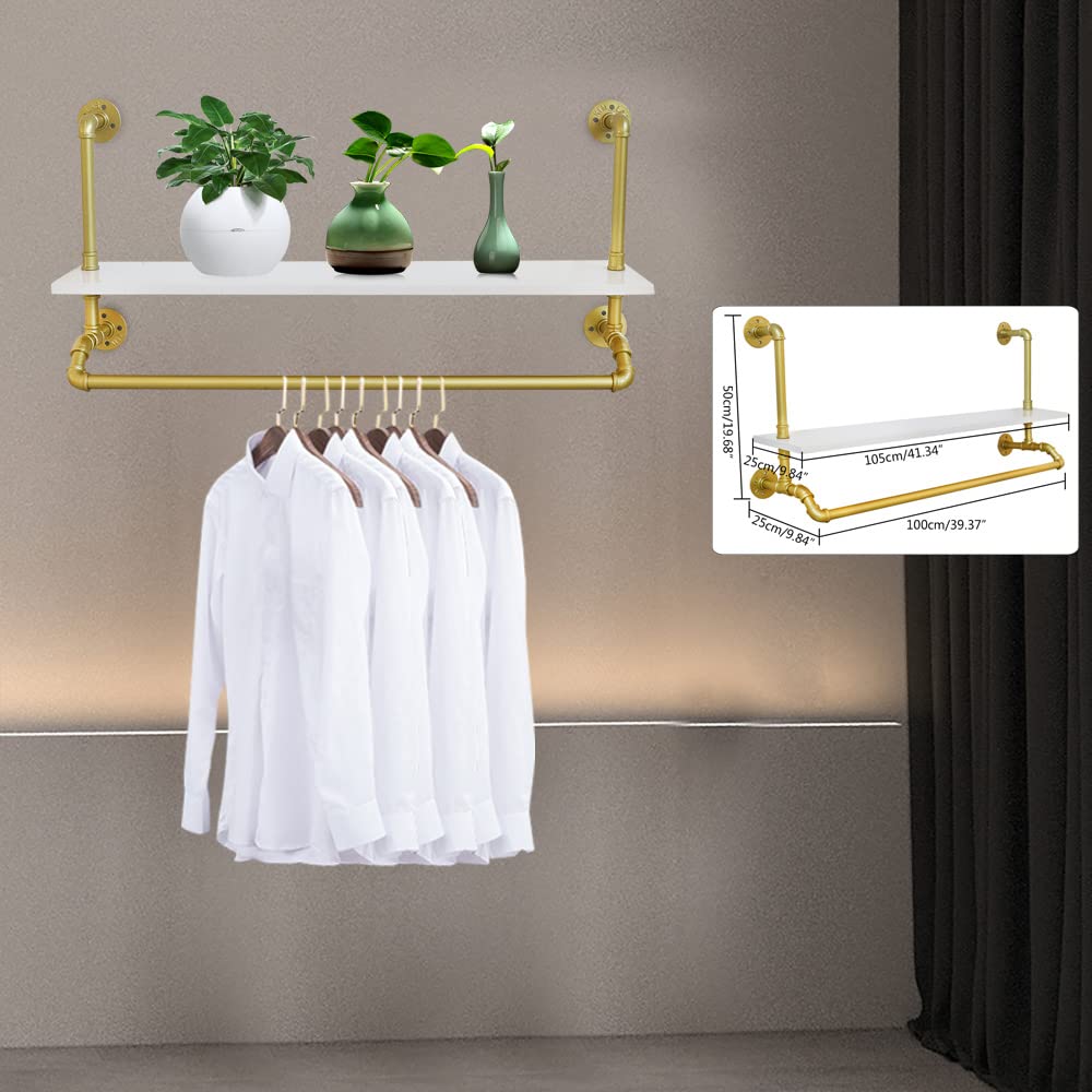 Modern Floating Shelves Wall Mounted - Gold Pipe Garment Rack with Wood Storage Shelf & Closet Rods - Space Saving Wall Shelving for Bedroom, Bathroom, Kitchen & Living Room - Perfect for Organizing Clothes, Decor & Essentials