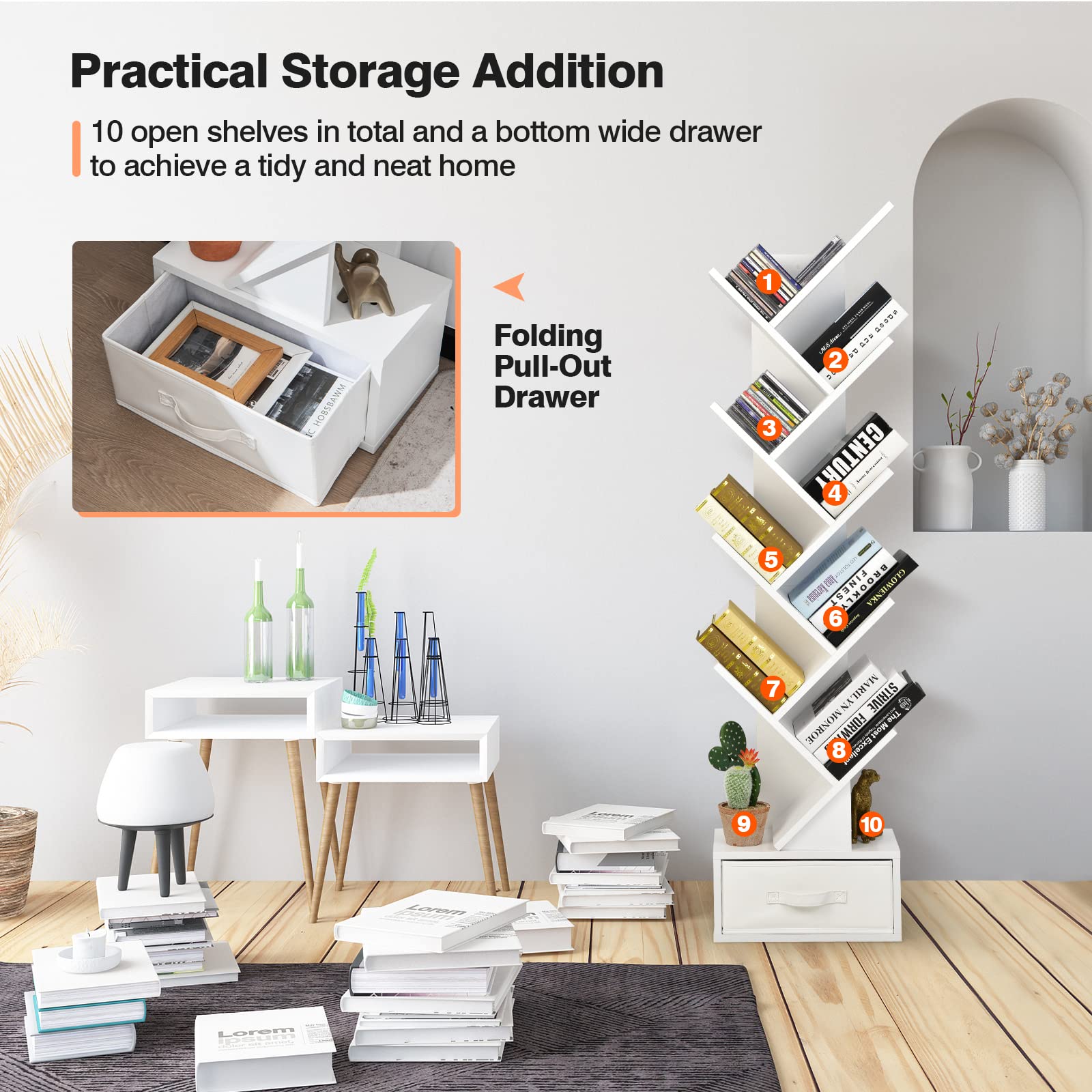 Tangkula 10-Tier Tree Bookshelf with Drawer - Floor Standing Storage Organizer for Books, Movies, CDs & Collectibles - Space-Saving Display Shelf for Bedroom, Living Room, Home Office & Dorm (White) - Perfect for Small Spaces & Stylish Home Organization