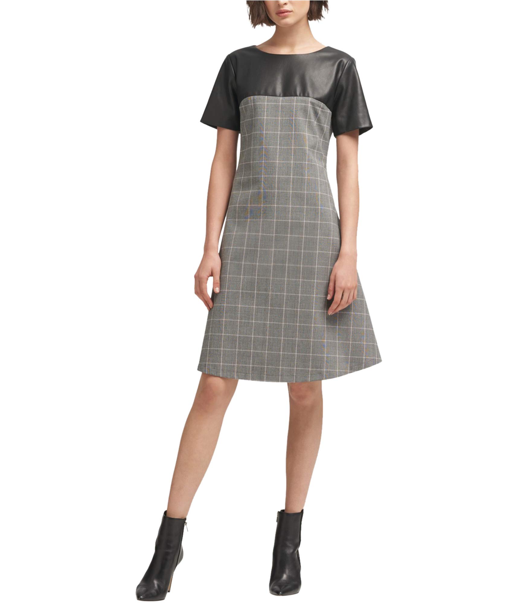 DKNY Women's Faux Leather Plaid A-Line Dress - Stylish & Comfortable Fall Winter Party Cocktail Dress for Work, Date Night & Special Occasions